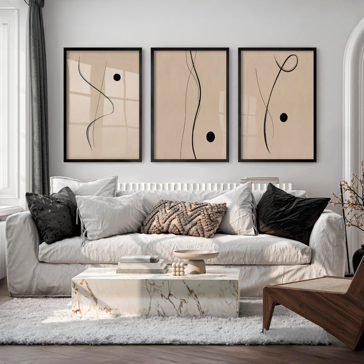 Flowing Black Line Panels for japandi style interior design - Black Framed Poster No Border - Artworksets