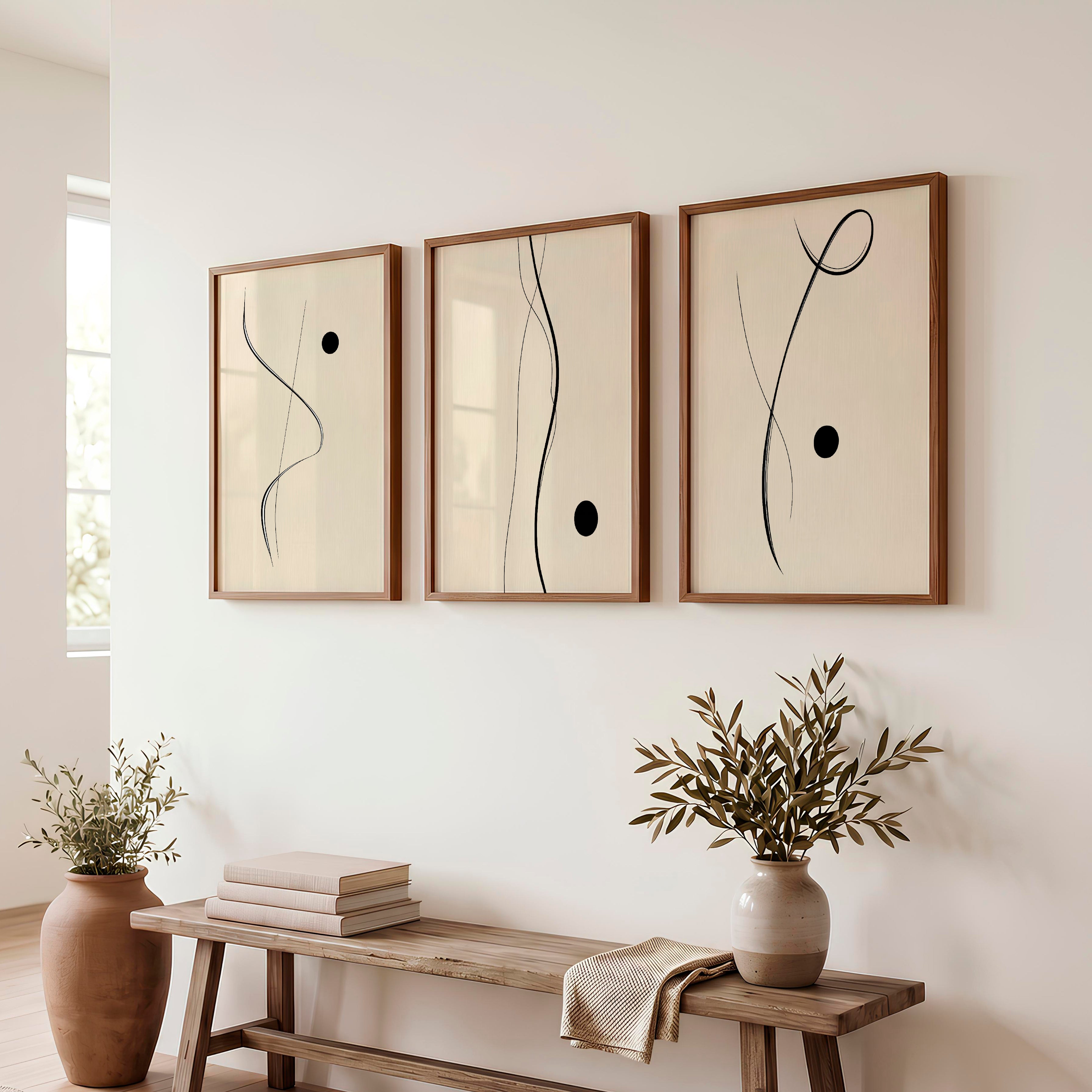 Flowing Black Line Panels for japandi style interior design - Dark Brown Framed Poster No Border - Artworksets