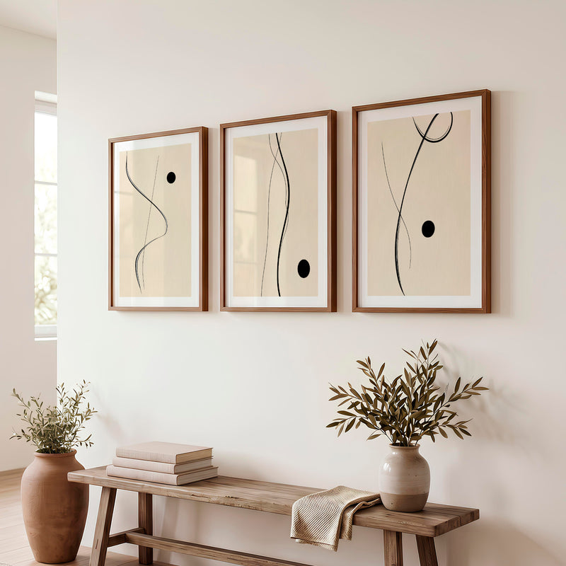Flowing Black Line Panels for japandi style interior design - Dark Brown Framed Poster with White Border - Artworksets