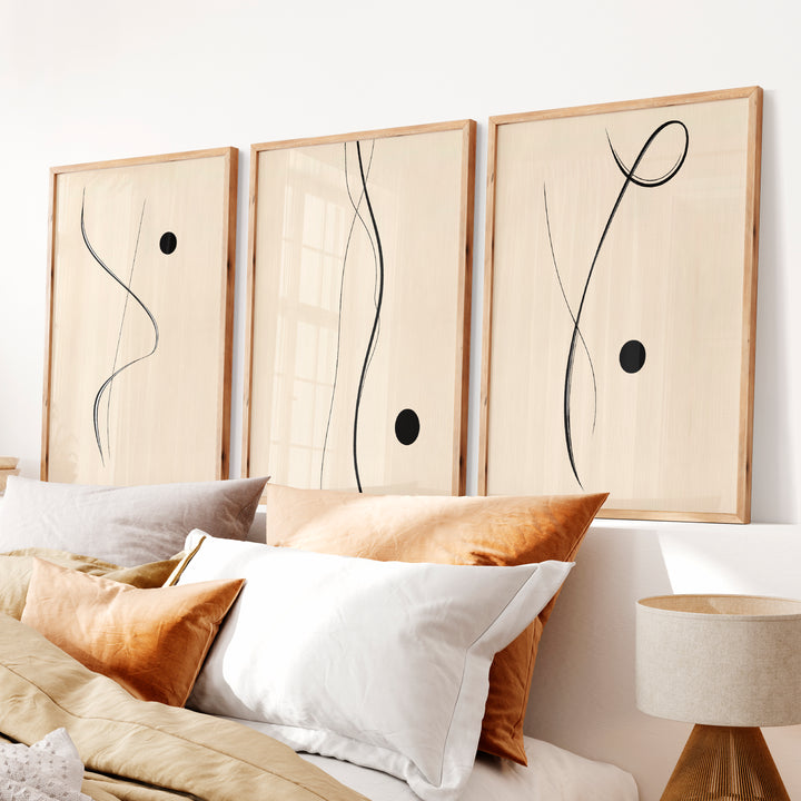 Flowing Black Line Panels for japandi style interior design - Natural Wood Framed Poster No Border - Artworksets