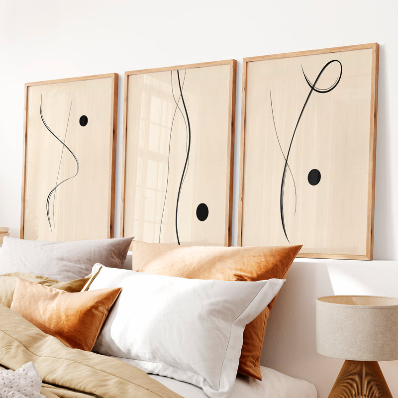 Flowing Black Line Panels for japandi style interior design - Natural Wood Framed Poster No Border - Artworksets