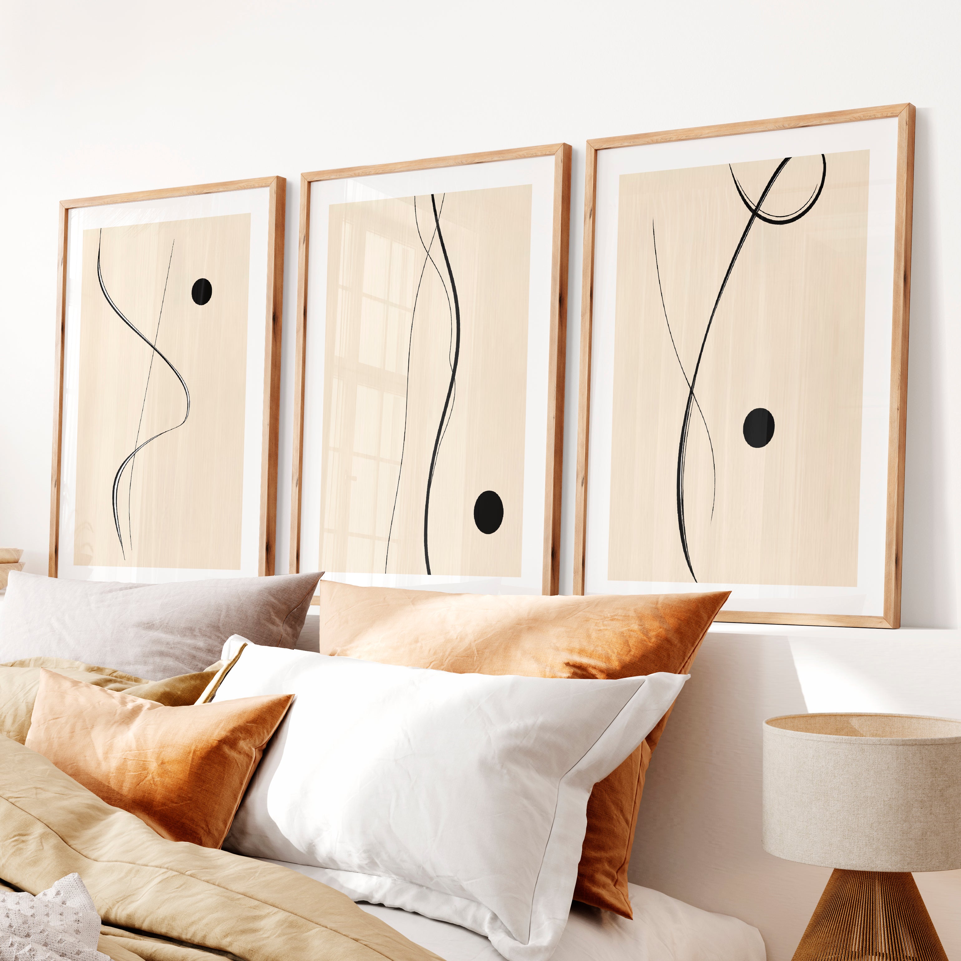 Flowing Black Line Panels for japandi style interior design- Natural Wood Framed Poster with White Border - Artworksets
