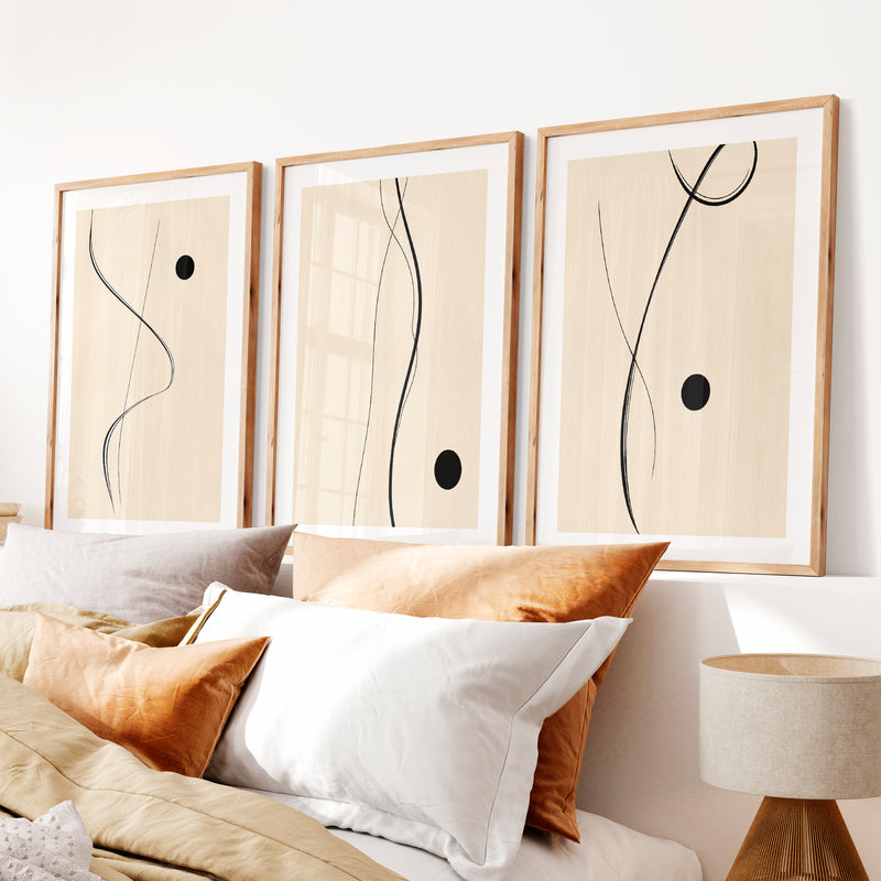 Flowing Black Line Panels for japandi style interior design- Natural Wood Framed Poster with White Border - Artworksets