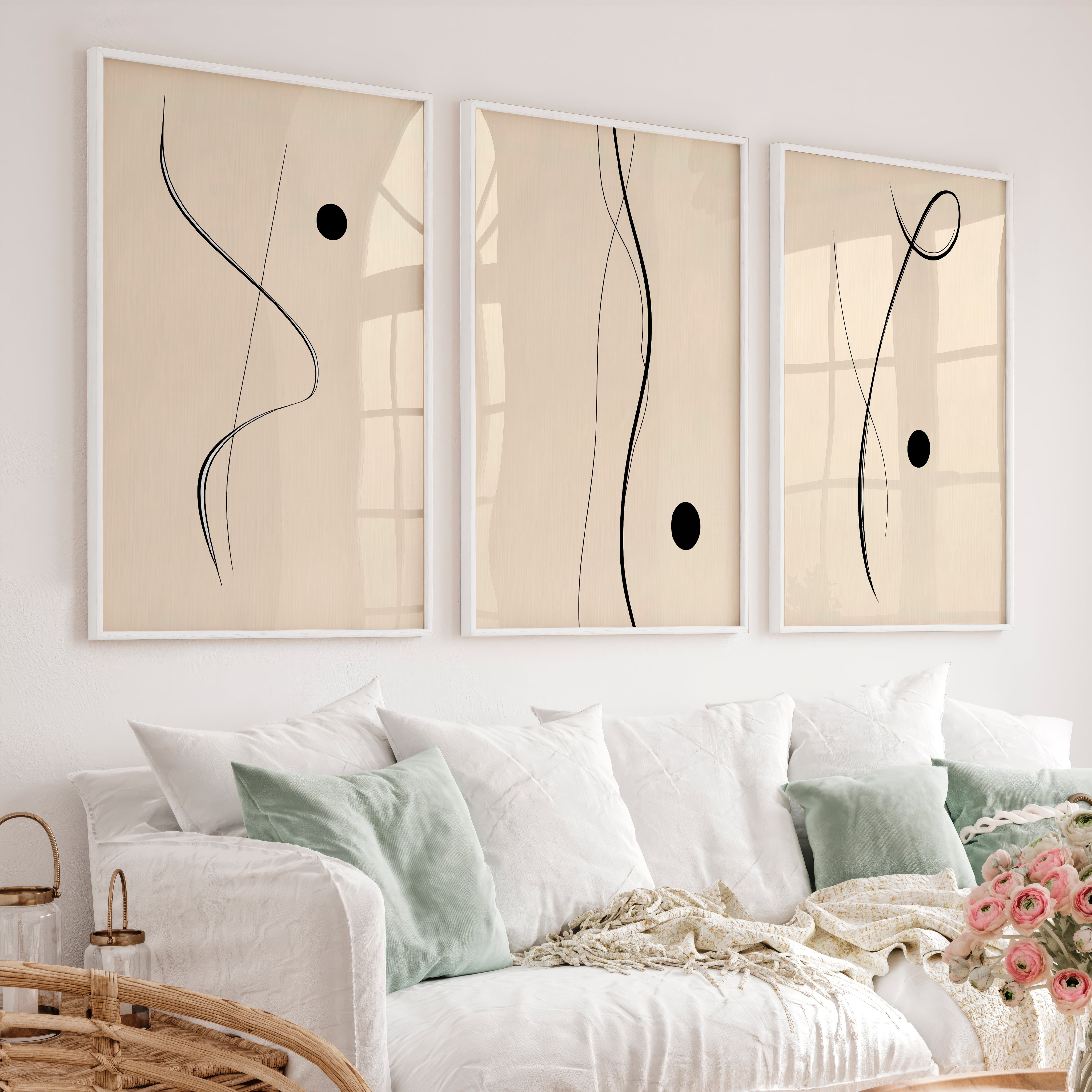 Flowing Black Line Panels for japandi style interior design - White Framed Poster No Border - Artworksets