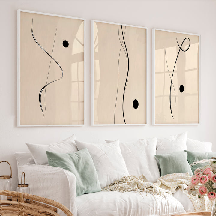 Flowing Black Line Panels for japandi style interior design - White Framed Poster No Border - Artworksets