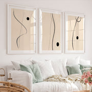 Flowing Black Line Panels for japandi style interior design - White Framed Poster with White Border - Artworksets