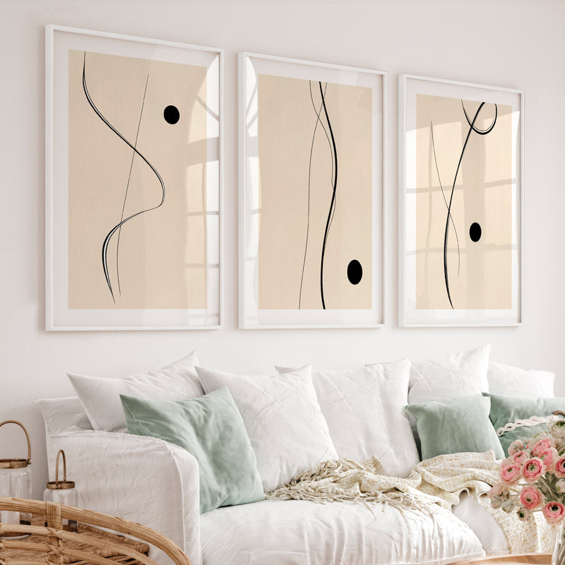 Flowing Black Line Panels for japandi style interior design - White Framed Poster with White Border - Artworksets