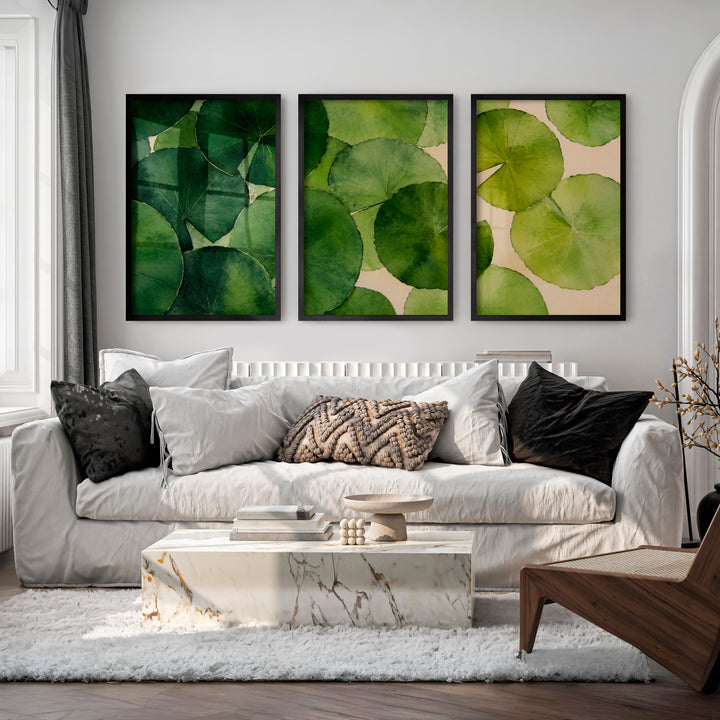 Layered Green Leaf Watercolor for japandi style interior design - Black Framed Poster No Border - Artworksets