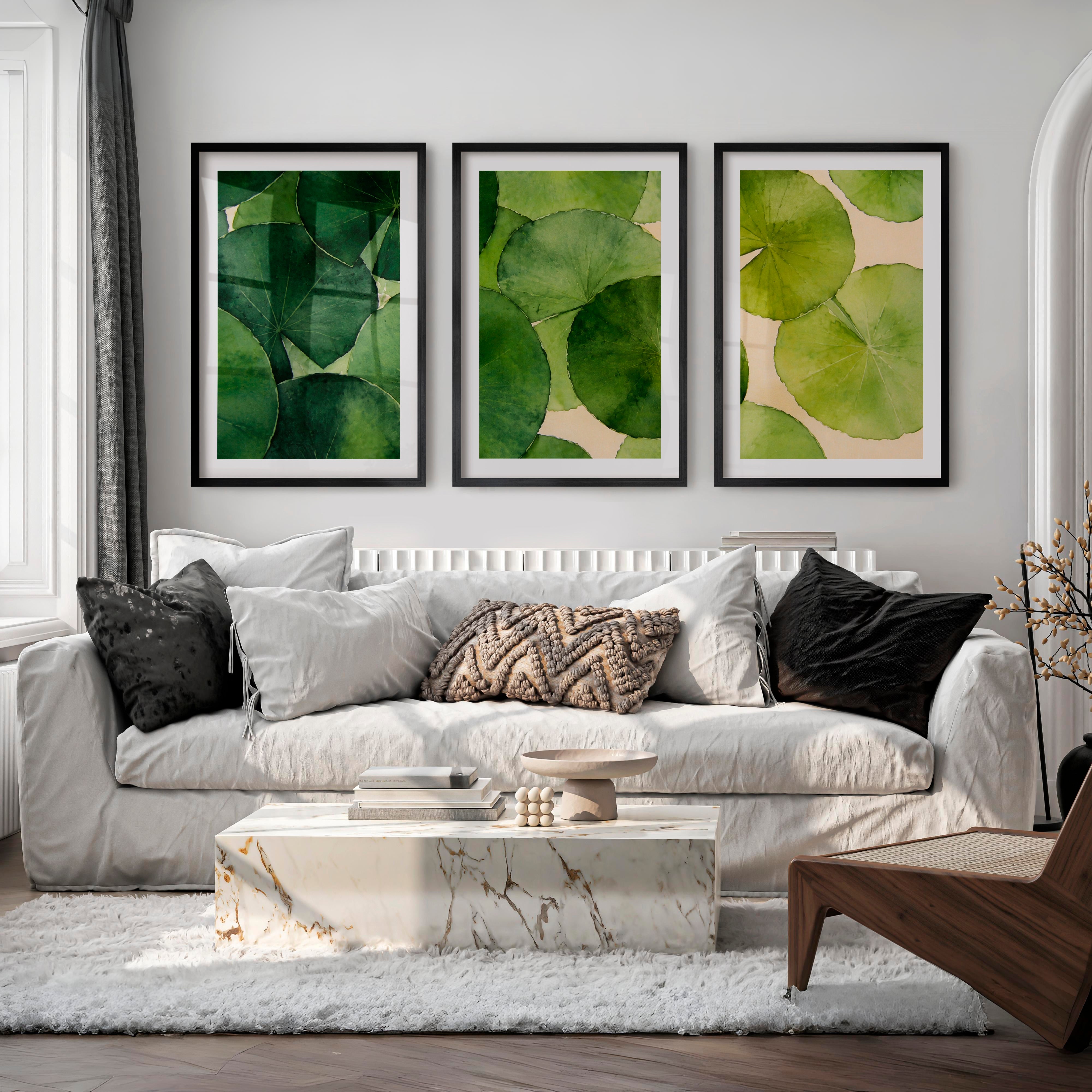 Layered Green Leaf Watercolor for japandi style interior design - Black Framed Poster with White Border - Artworksets