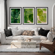Layered Green Leaf Watercolor for japandi style interior design - Black Framed Poster with White Border - Artworksets