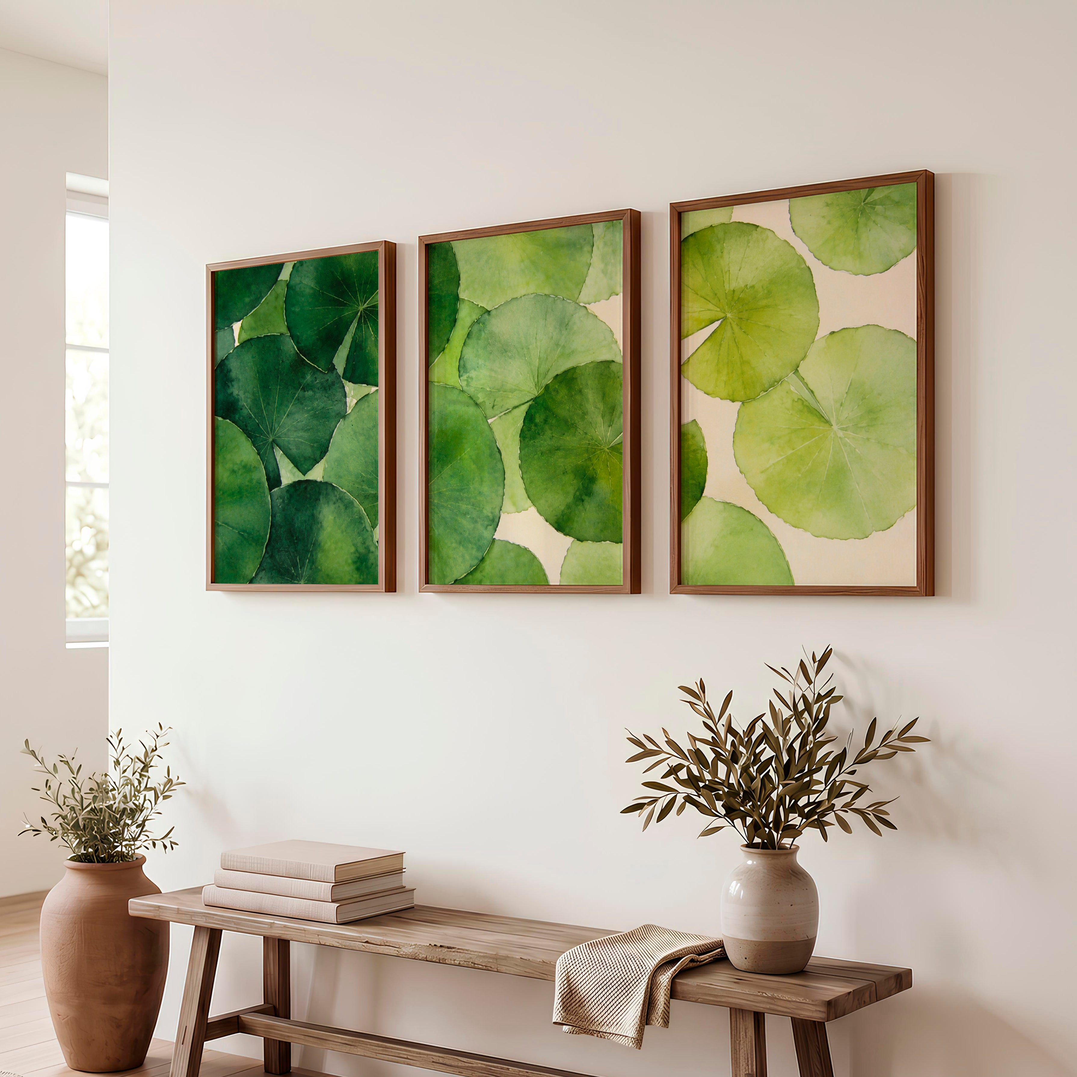 Layered Green Leaf Watercolor for japandi style interior design - Dark Brown Framed Poster No Border - Artworksets