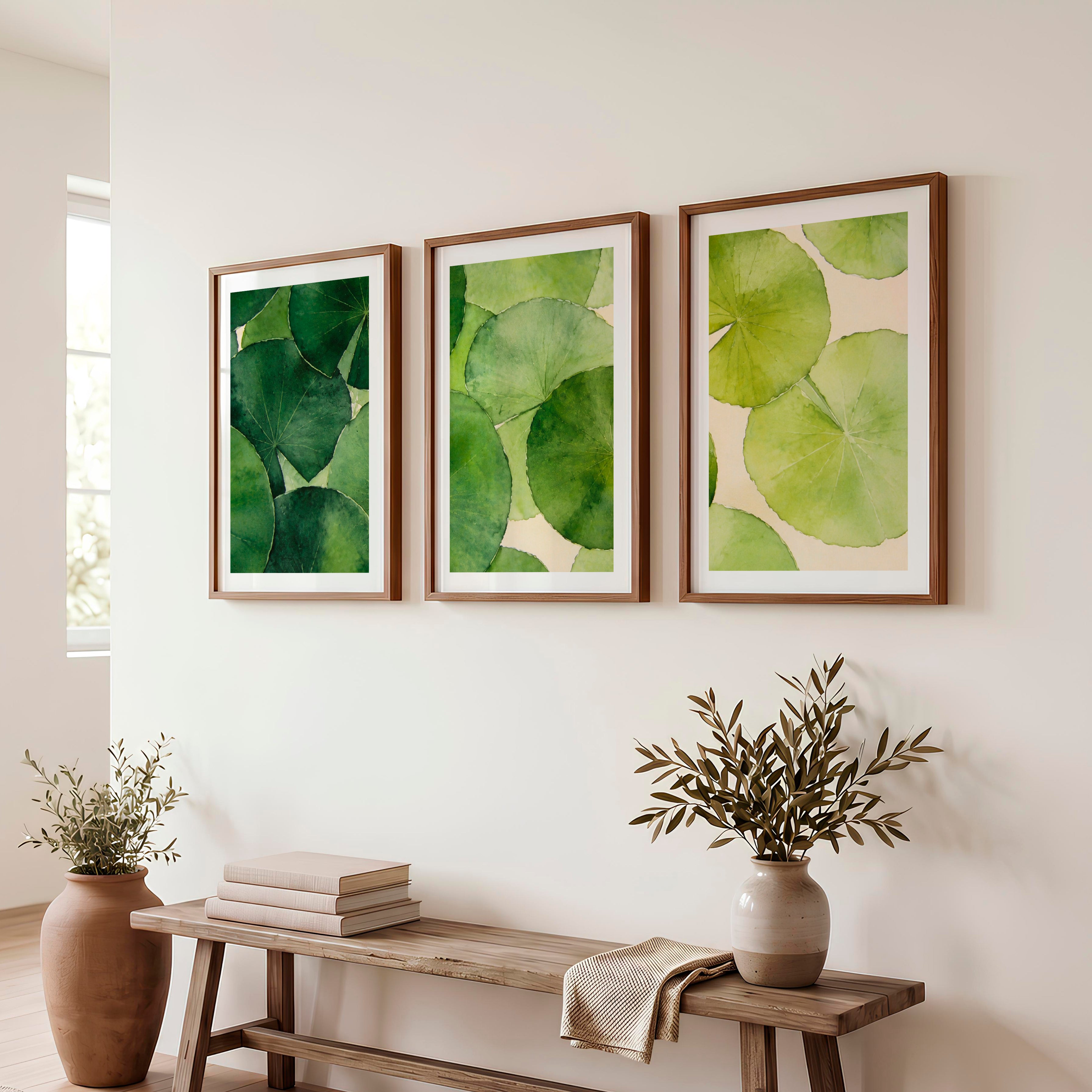 Layered Green Leaf Watercolor for japandi style interior design - Dark Brown Framed Poster with White Border - Artworksets