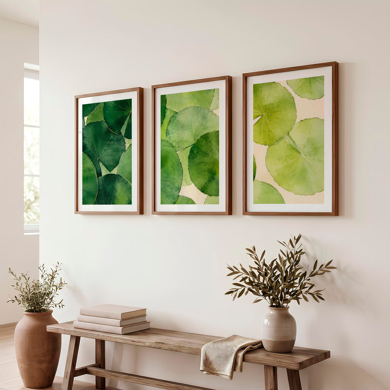 Layered Green Leaf Watercolor for japandi style interior design - Dark Brown Framed Poster with White Border - Artworksets
