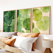 Layered Green Leaf Watercolor for japandi style interior design - Natural Wood Framed Poster No Border - Artworksets