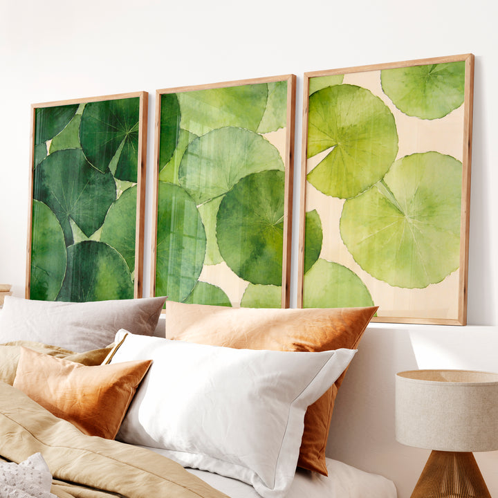 Layered Green Leaf Watercolor for japandi style interior design - Natural Wood Framed Poster No Border - Artworksets