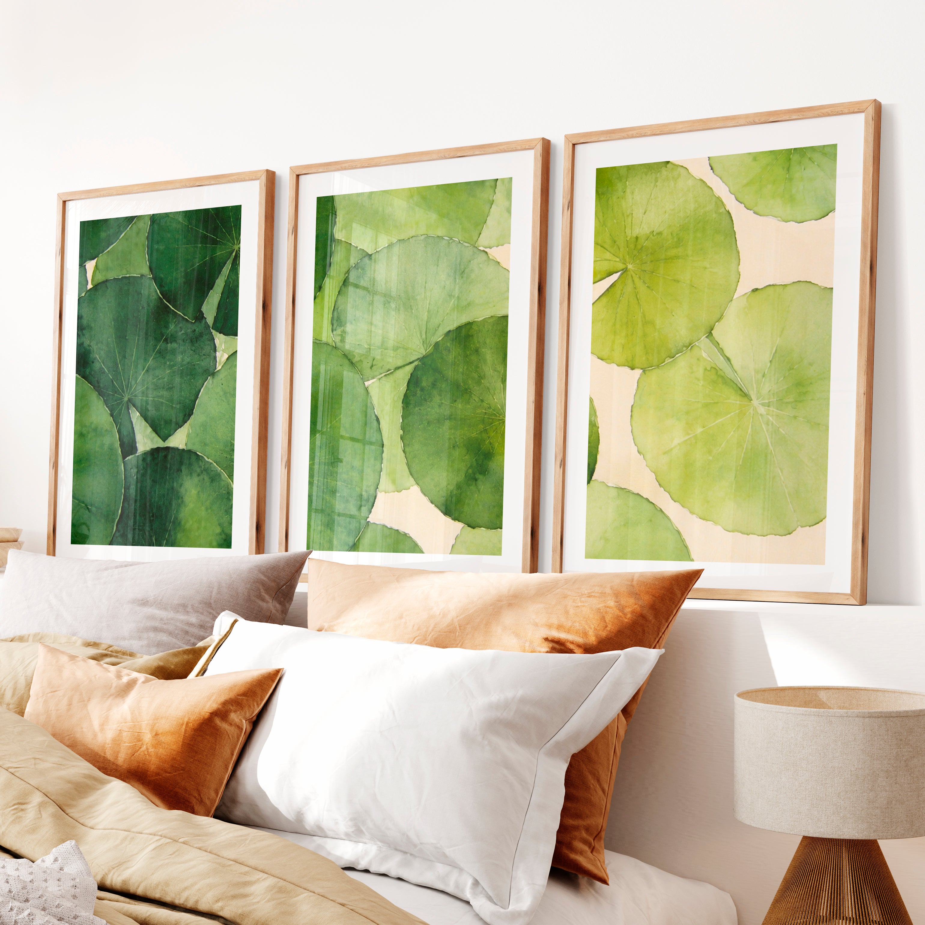 Layered Green Leaf Watercolor for japandi style interior design- Natural Wood Framed Poster with White Border - Artworksets