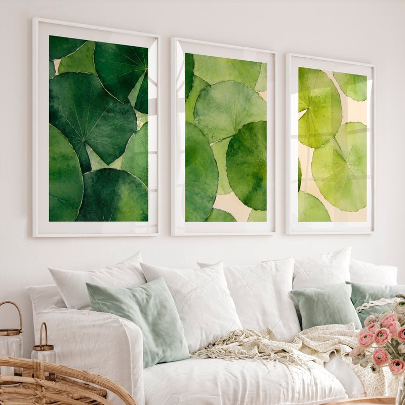 Layered Green Leaf Watercolor for japandi style interior design - White Framed Poster with White Border - Artworksets