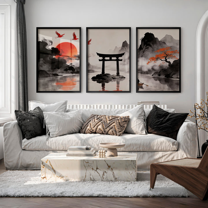 Torii Gate Lake japandi style interior design - Black Framed Poster No Border - Artworksets