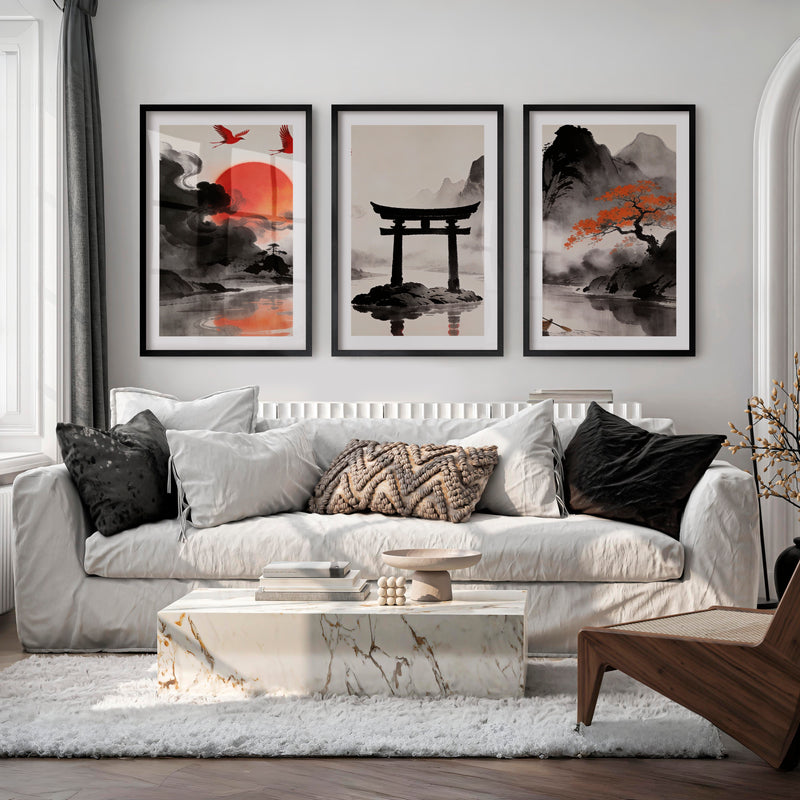Torii Gate Lake japandi style interior design - Black Framed Poster with White Border - Artworksets