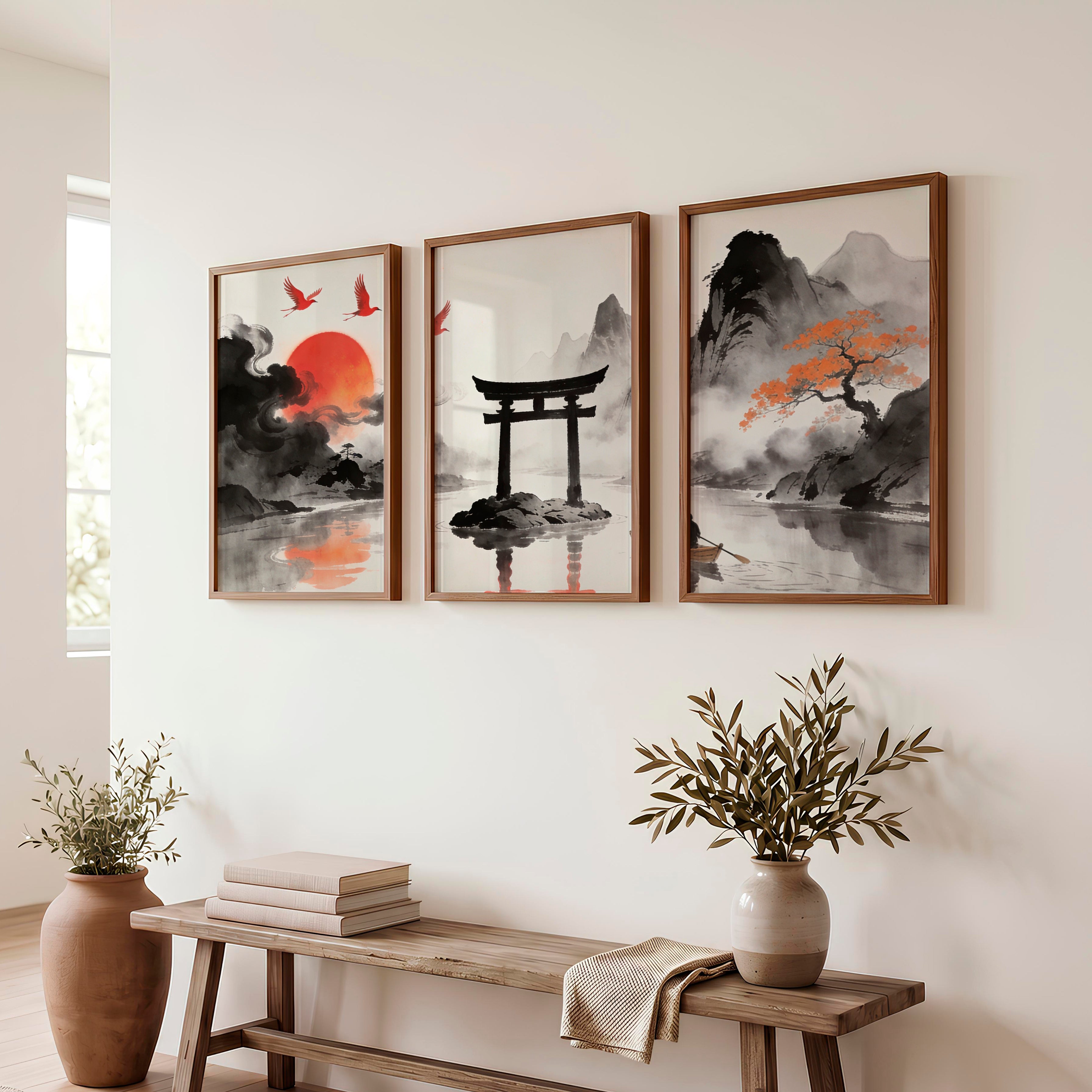 Torii Gate Lake japandi style interior design - Dark Brown Framed Poster No Border - Artworksets