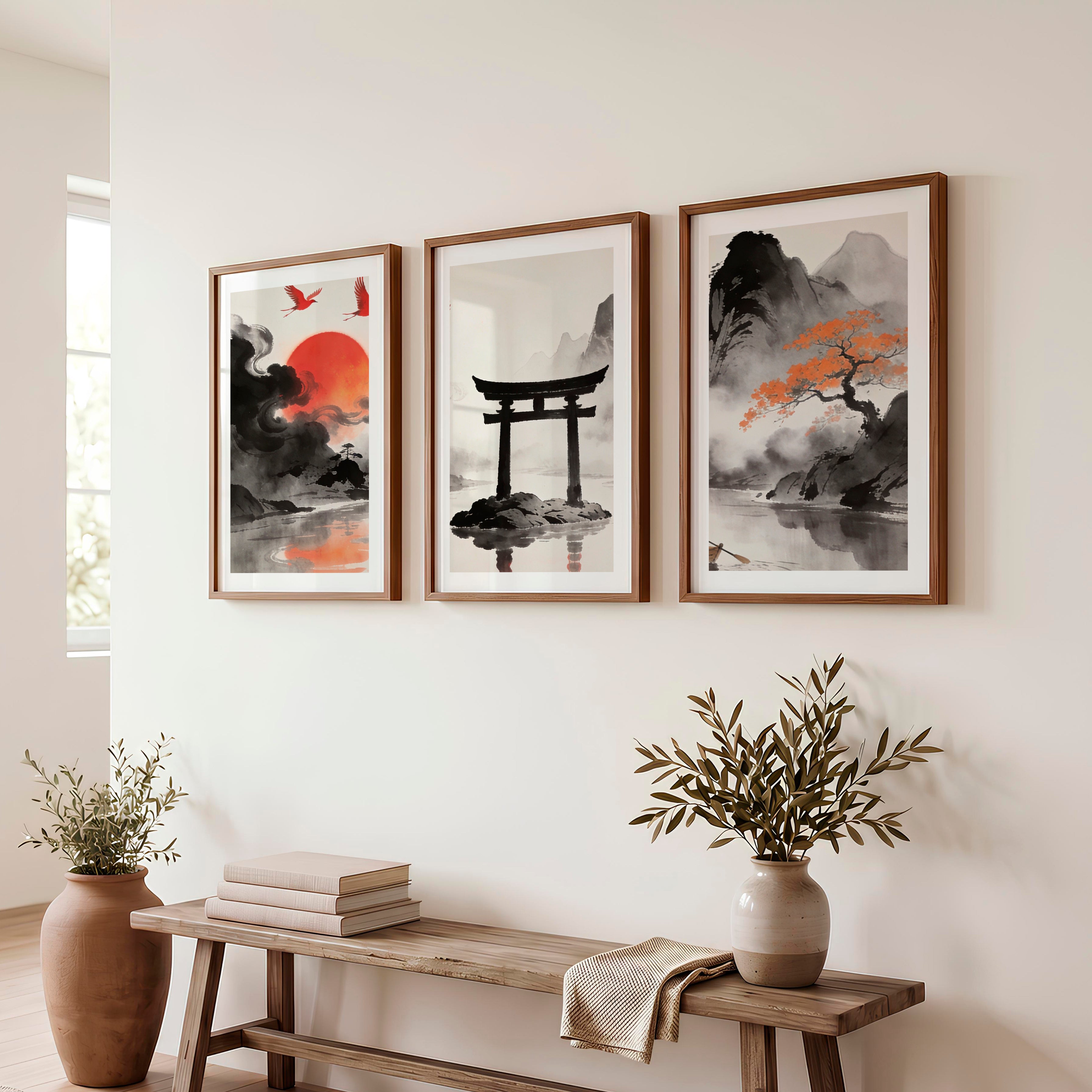 Torii Gate Lake japandi style interior design - Dark Brown Framed Poster with White Border - Artworksets