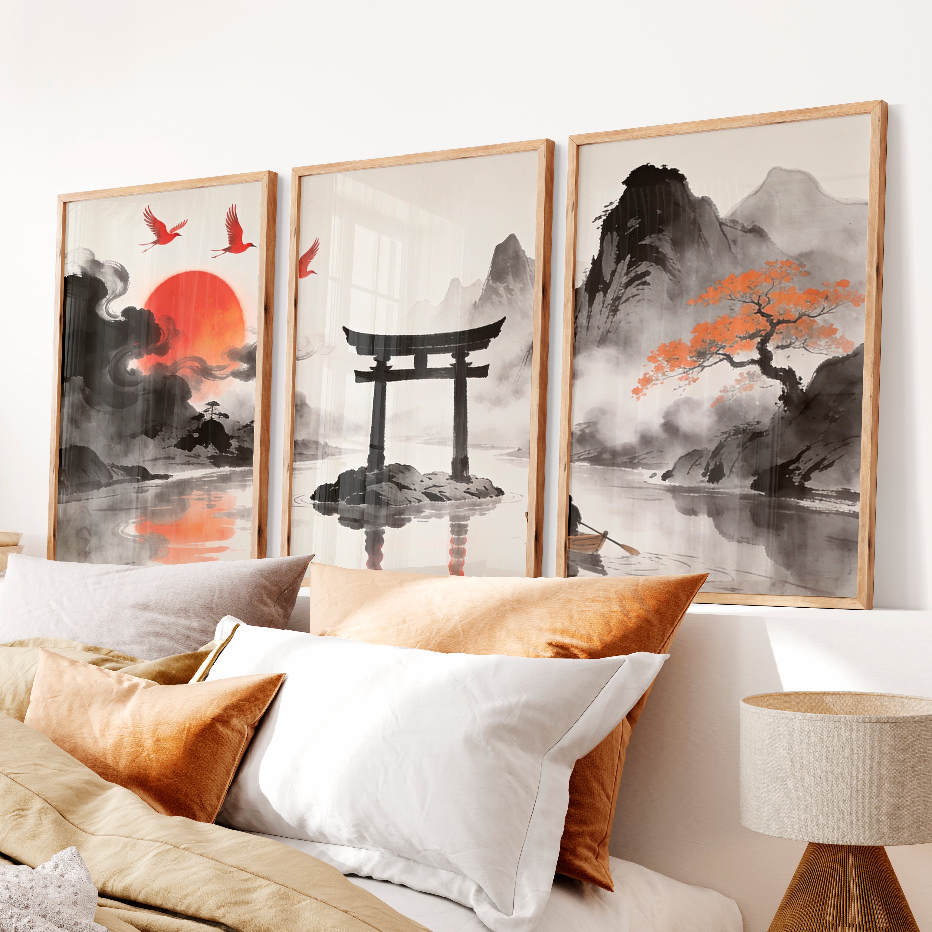 Torii Gate Lake japandi style interior design - Natural Wood Framed Poster No Border - Artworksets