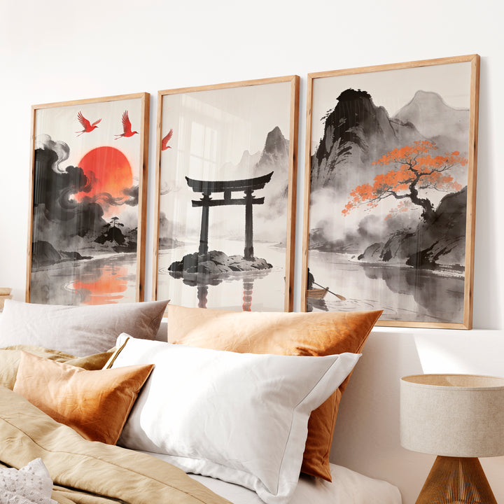 Torii Gate Lake japandi style interior design - Natural Wood Framed Poster No Border - Artworksets