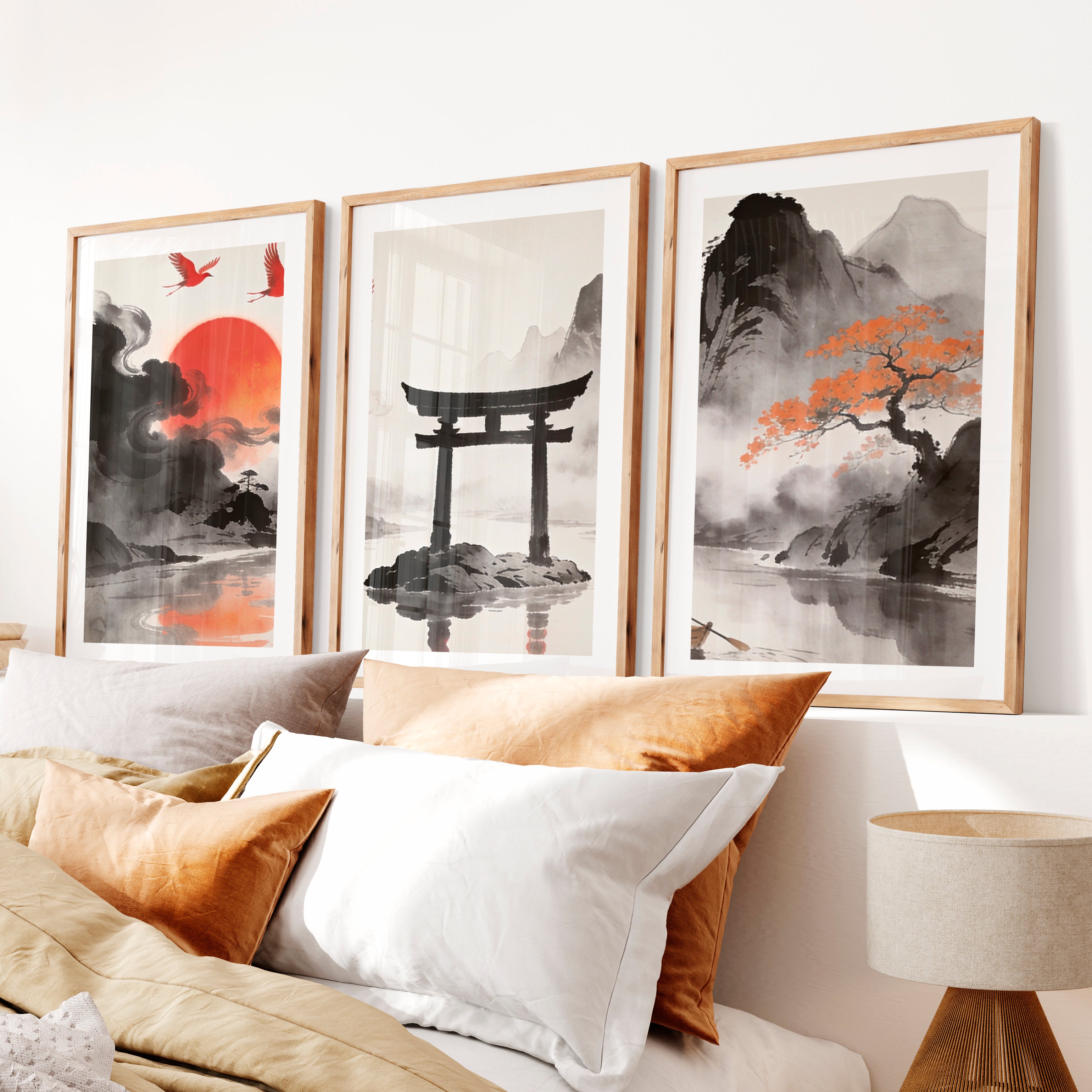 Torii Gate Lake japandi style interior design- Natural Wood Framed Poster with White Border - Artworksets