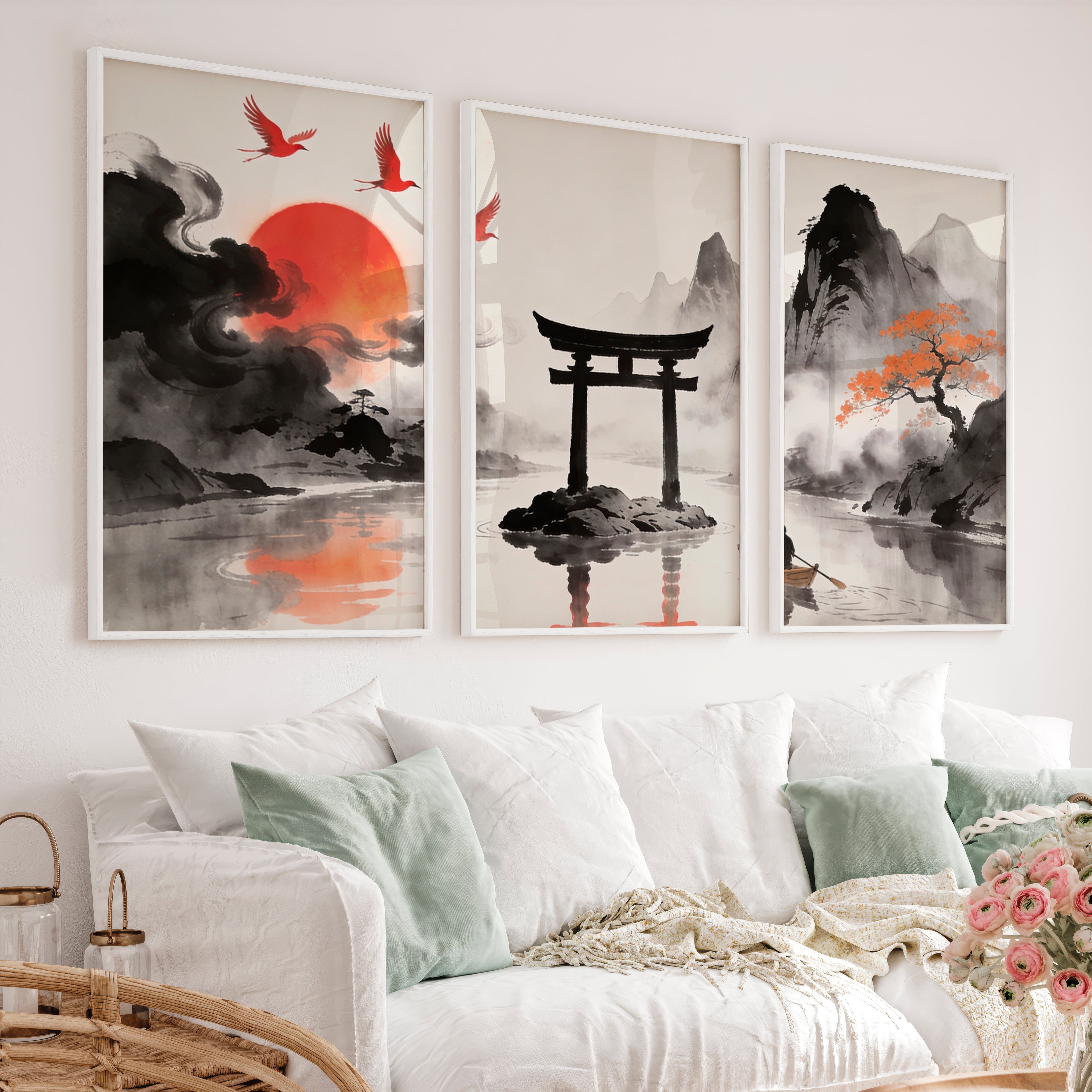 Torii Gate Lake japandi style interior design - White Framed Poster No Border - Artworksets