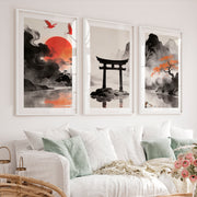 Torii Gate Lake japandi style interior design - White Framed Poster with White Border - Artworksets