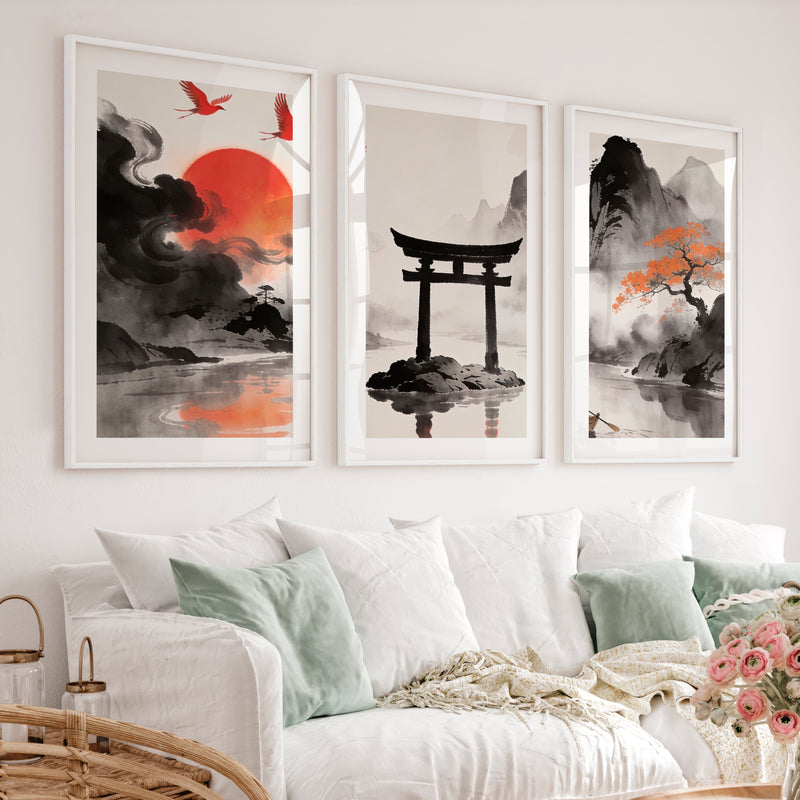 Torii Gate Lake japandi style interior design - White Framed Poster with White Border - Artworksets