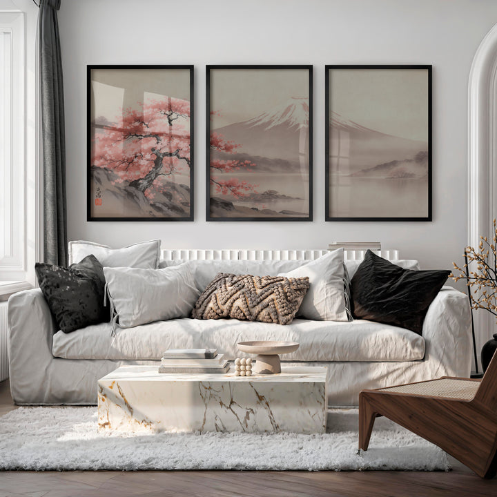 Cherry Blossom Fuji Landscape for japandi style interior - Black Framed Poster No Border - Artworksets
