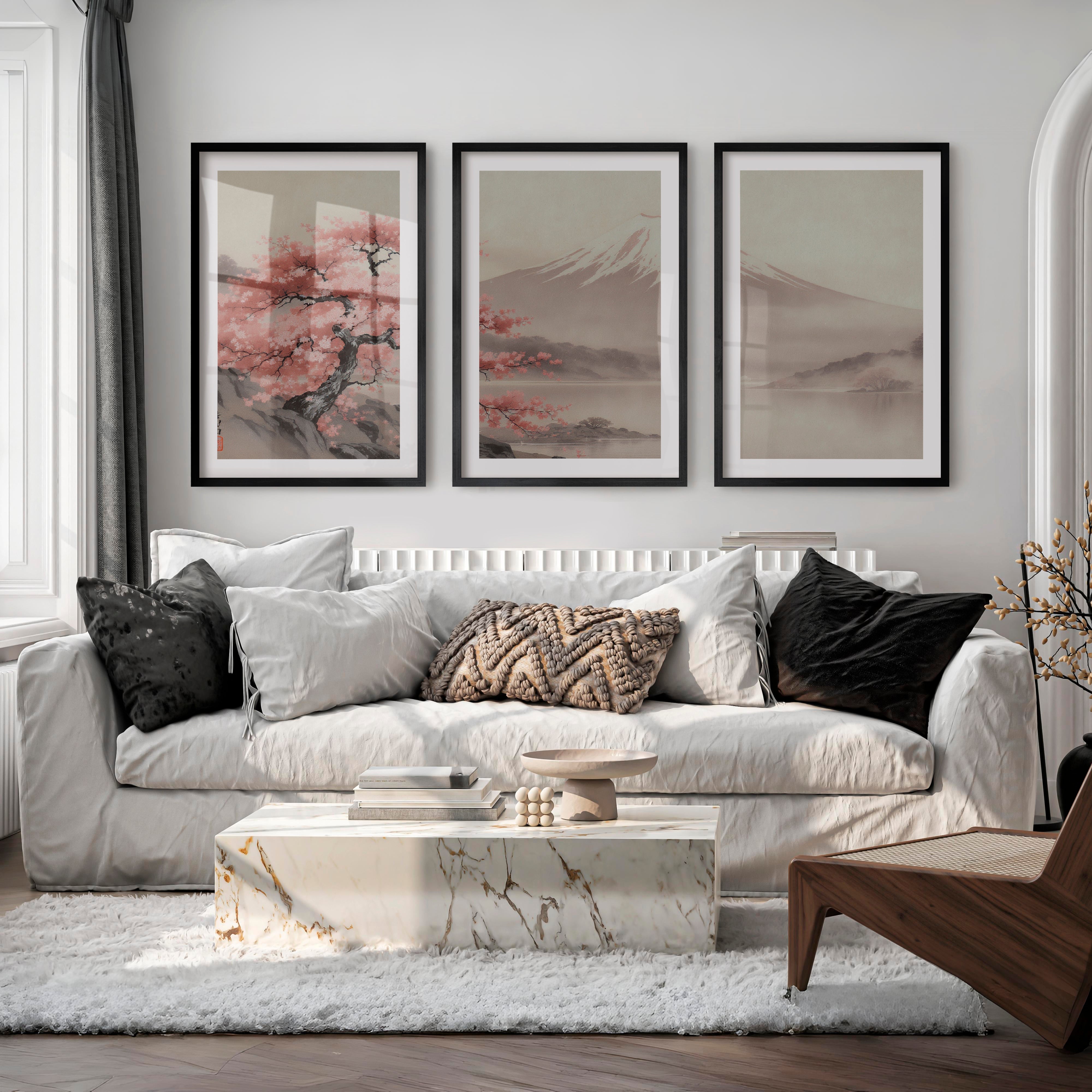 Cherry Blossom Fuji Landscape for japandi style interior - Black Framed Poster with White Border - Artworksets