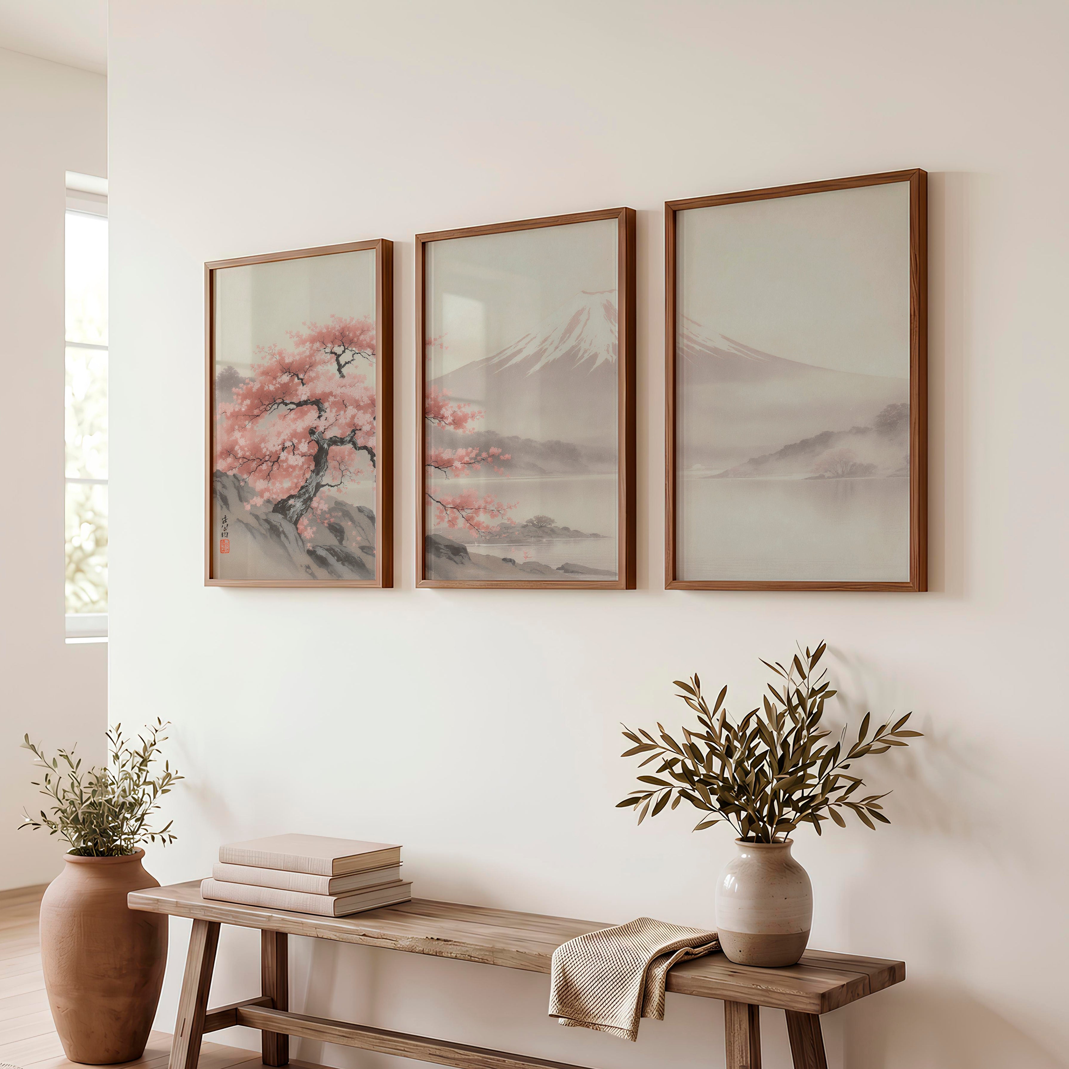 Cherry Blossom Fuji Landscape for japandi style interior - Dark Brown Framed Poster No Border - Artworksets