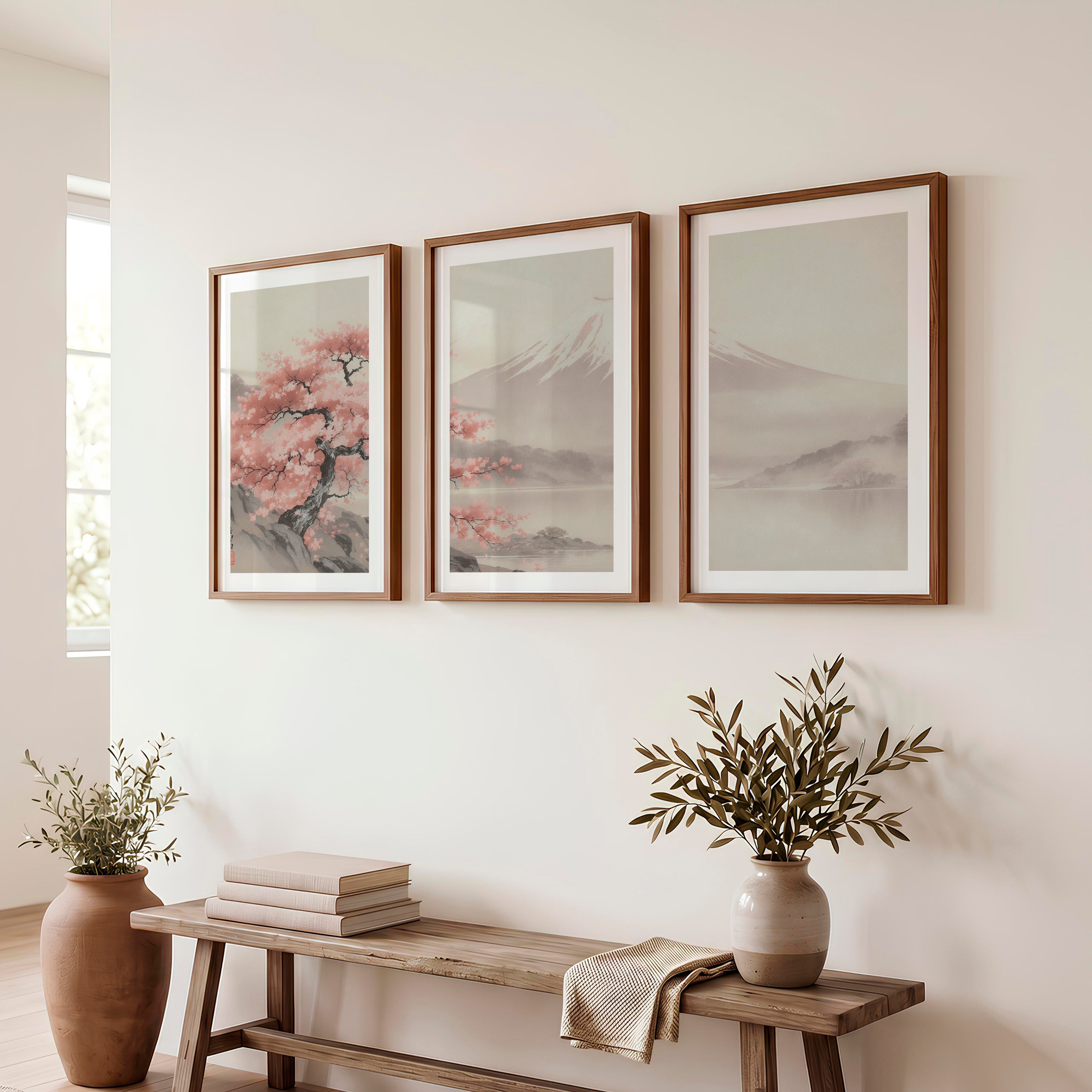 Cherry Blossom Fuji Landscape for japandi style interior - Dark Brown Framed Poster with White Border - Artworksets