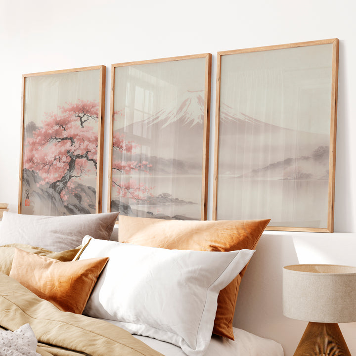Cherry Blossom Fuji Landscape for japandi style interior - Natural Wood Framed Poster No Border - Artworksets
