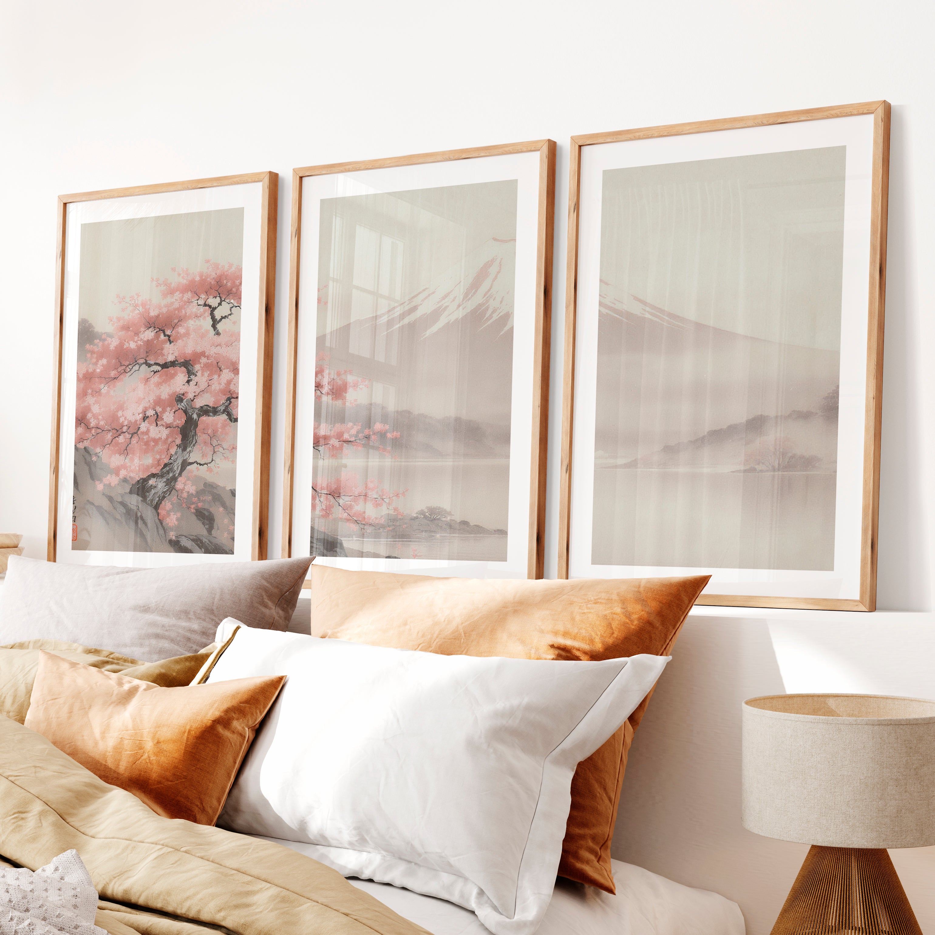 Cherry Blossom Fuji Landscape for japandi style interior- Natural Wood Framed Poster with White Border - Artworksets