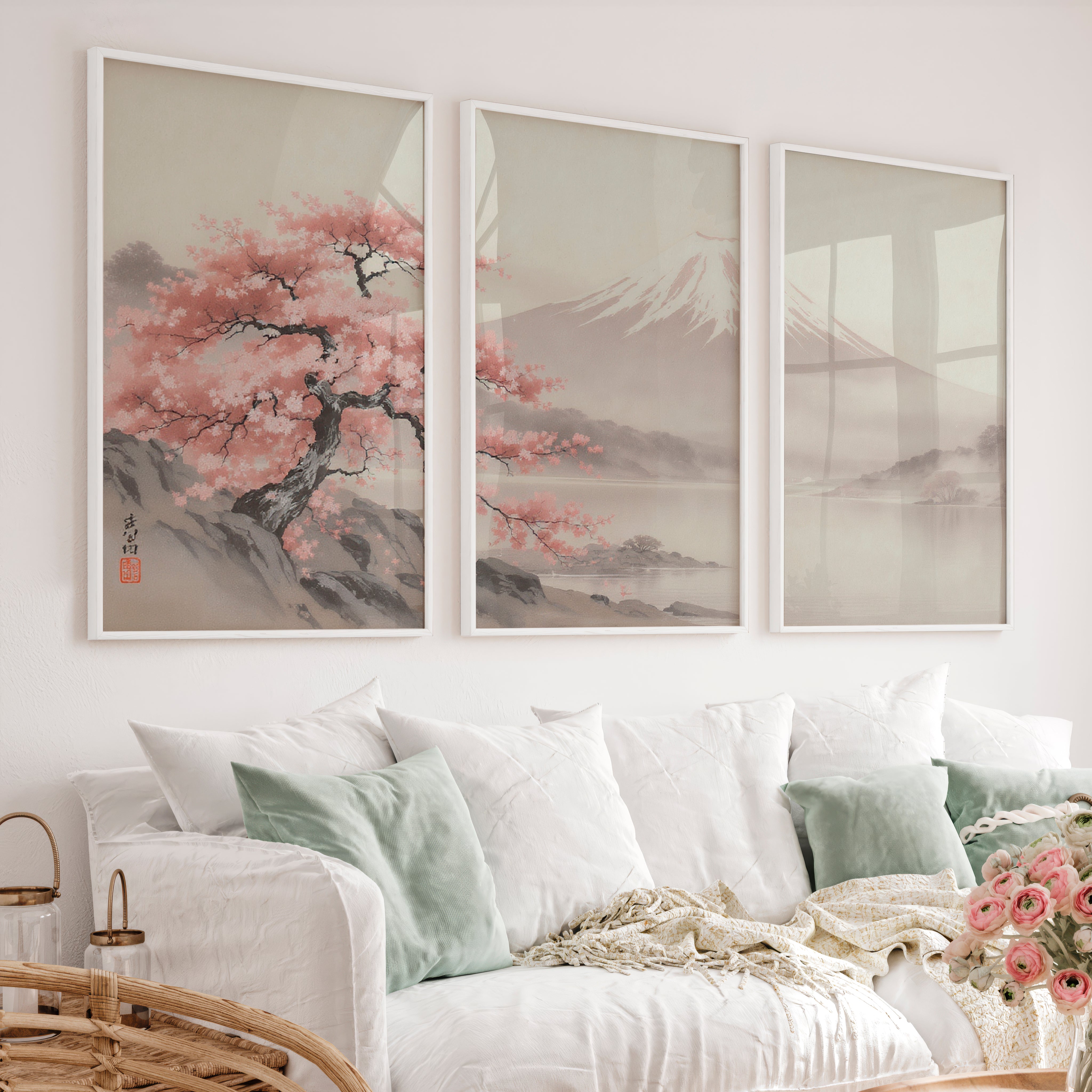 Cherry Blossom Fuji Landscape for japandi style interior - White Framed Poster No Border - Artworksets