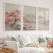 Cherry Blossom Fuji Landscape for japandi style interior - White Framed Poster No Border - Artworksets