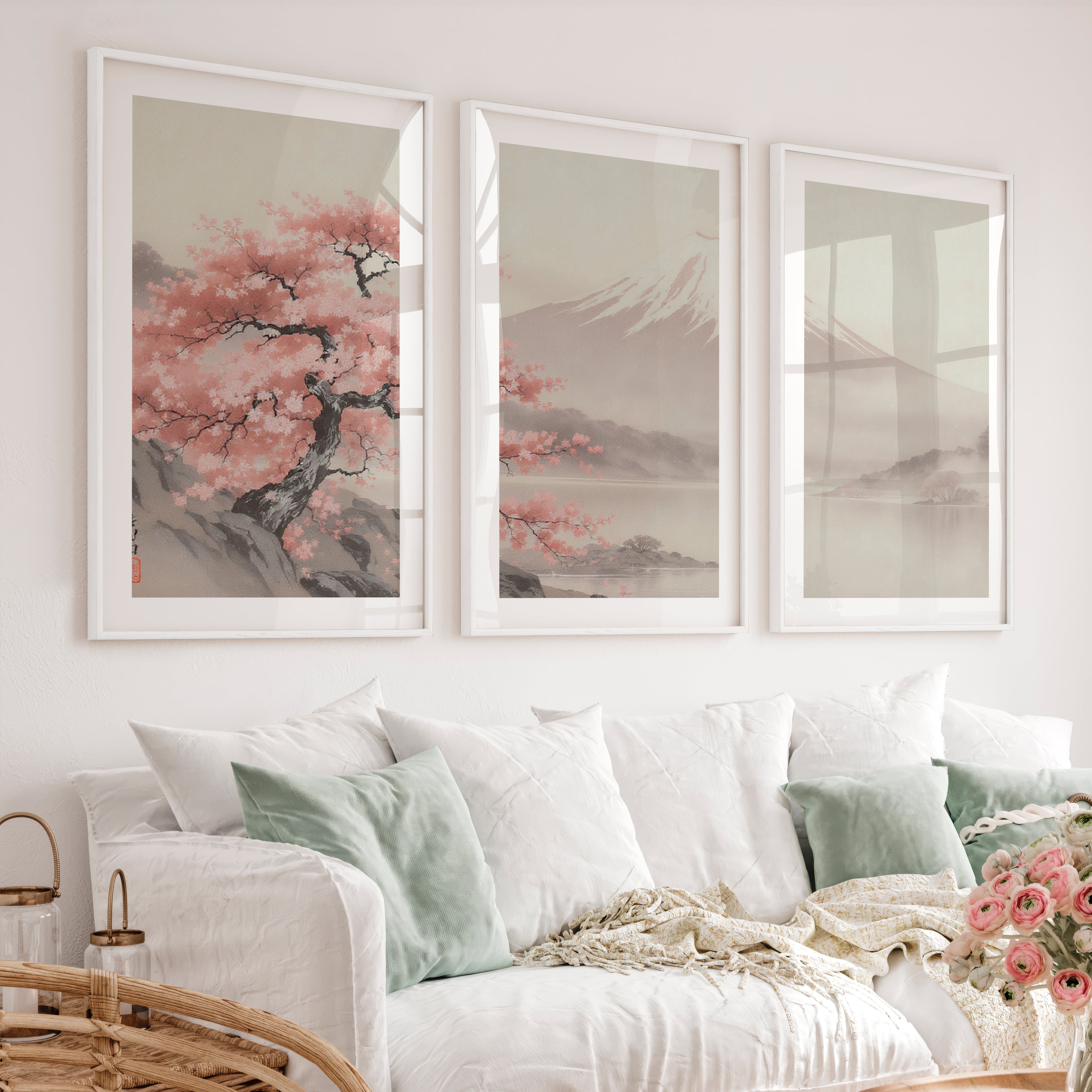 Cherry Blossom Fuji Landscape for japandi style interior - White Framed Poster with White Border - Artworksets