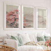 Cherry Blossom Fuji Landscape for japandi style interior - White Framed Poster with White Border - Artworksets