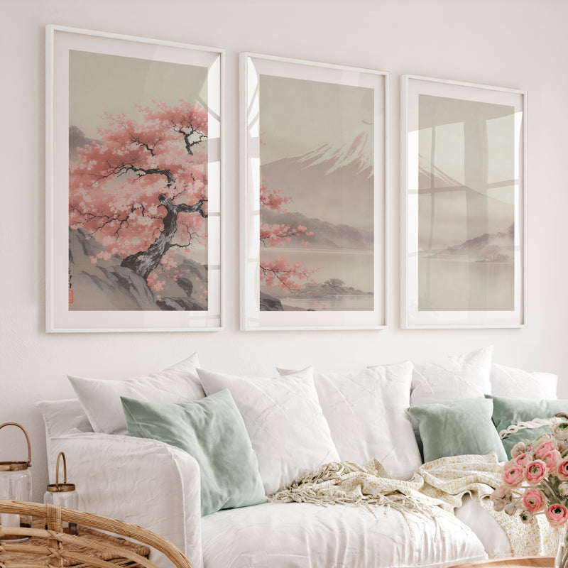 Cherry Blossom Fuji Landscape for japandi style interior - White Framed Poster with White Border - Artworksets