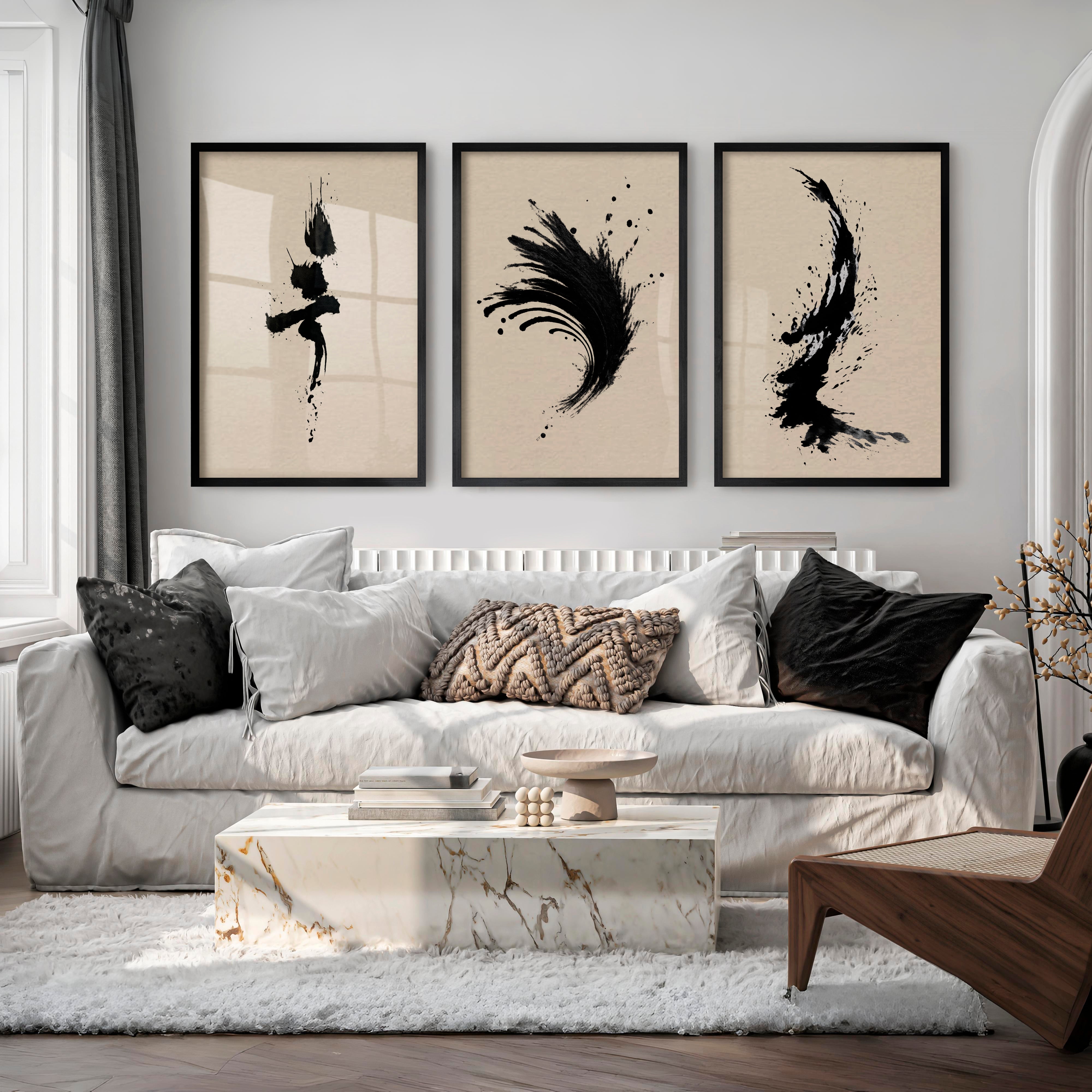 Expressive Ink Brush Wall Art for japandi style interior - Black Framed Poster No Border - Artworksets