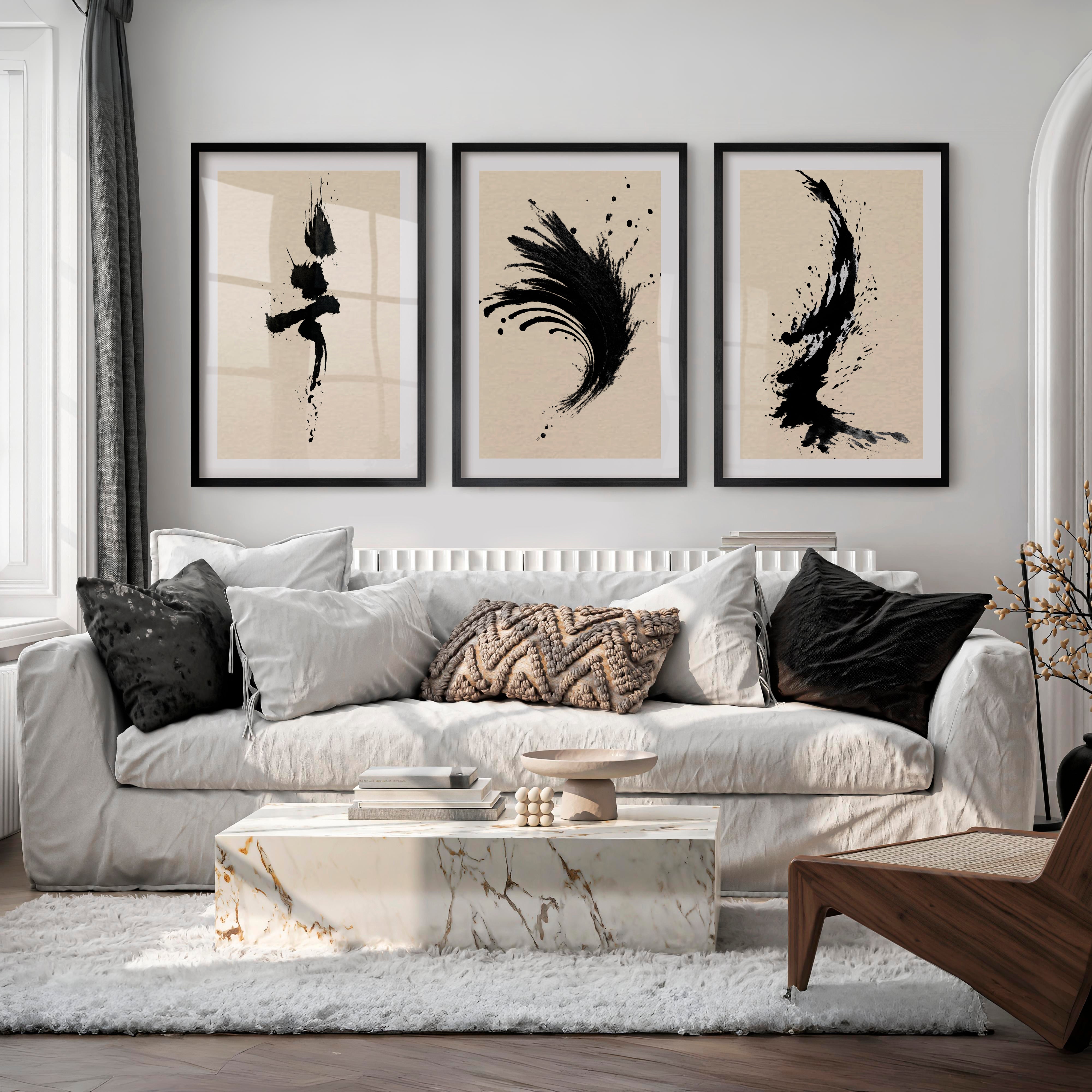 Expressive Ink Brush Wall Art for japandi style interior - Black Framed Poster with White Border - Artworksets