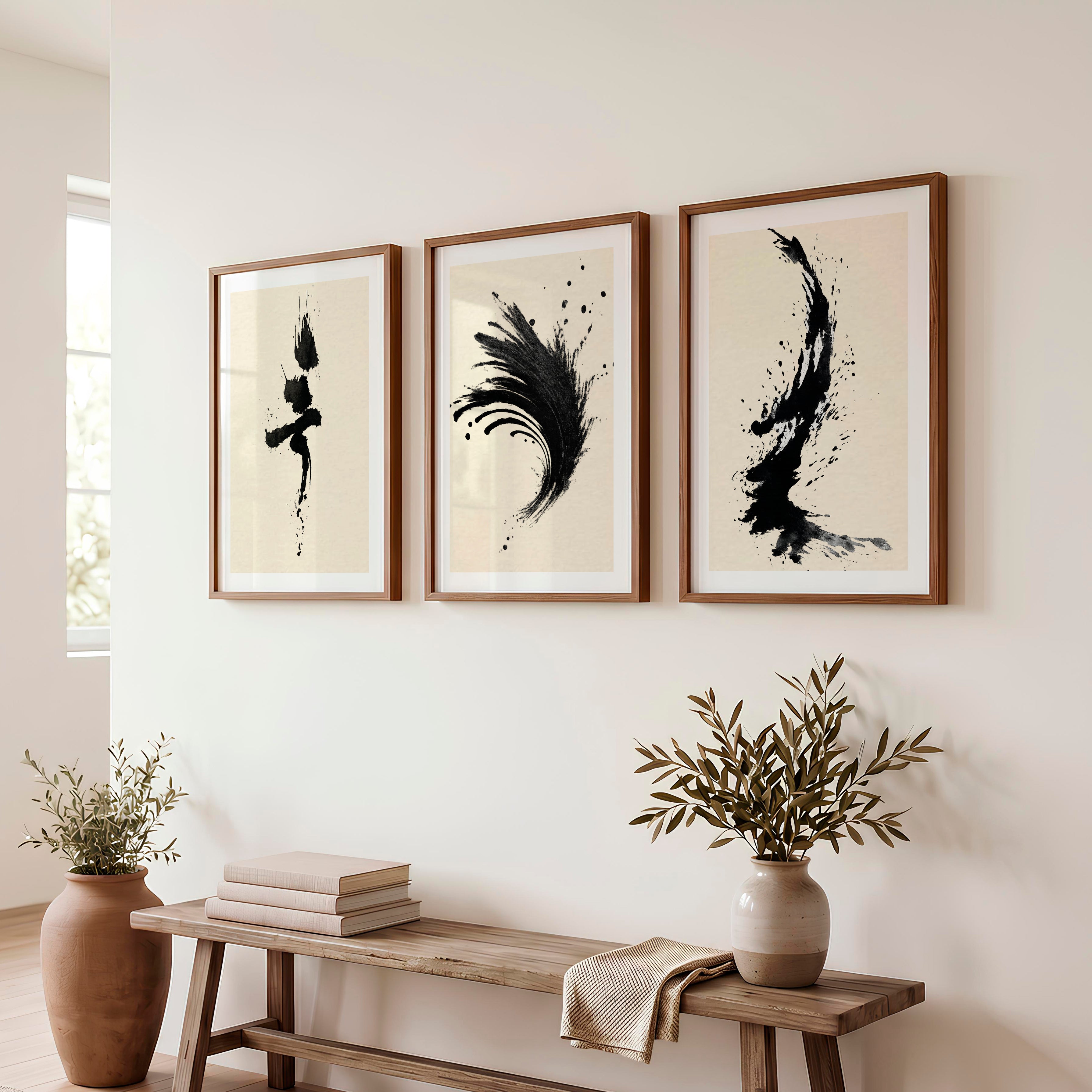 Expressive Ink Brush Wall Art for japandi style interior - Dark Brown Framed Poster with White Border - Artworksets