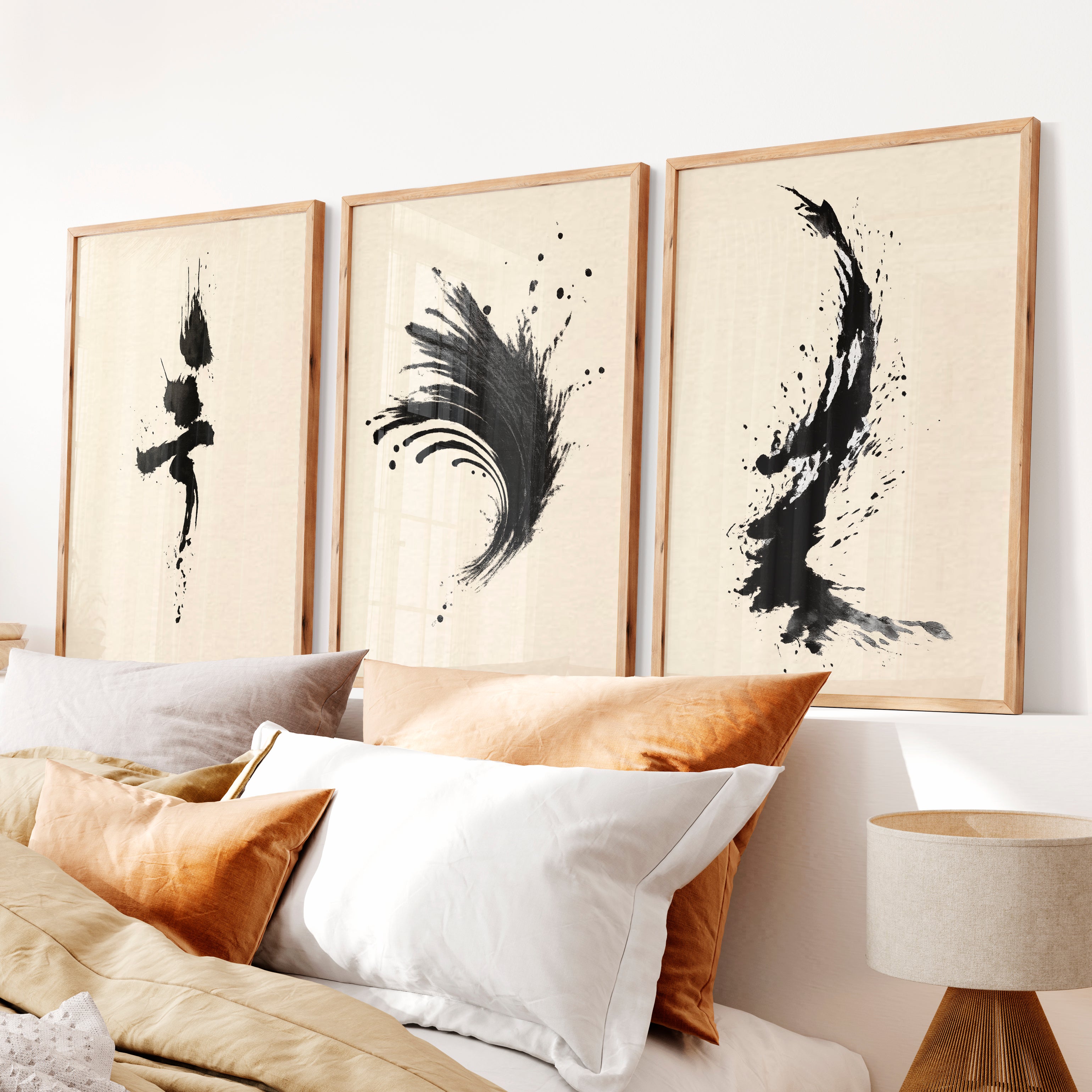 Expressive Ink Brush Wall Art for japandi style interior - Natural Wood Framed Poster No Border - Artworksets