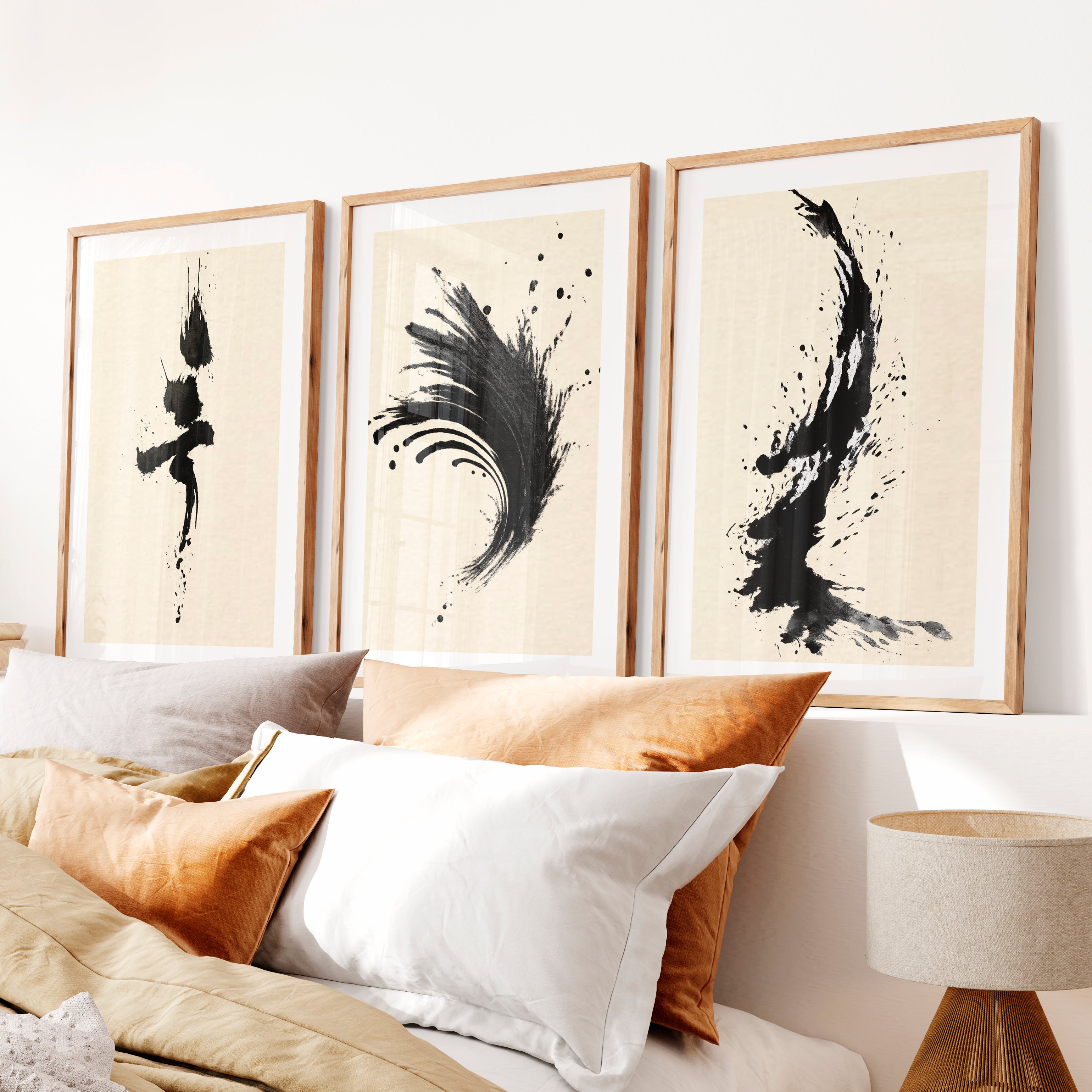 Expressive Ink Brush Wall Art for japandi style interior- Natural Wood Framed Poster with White Border - Artworksets