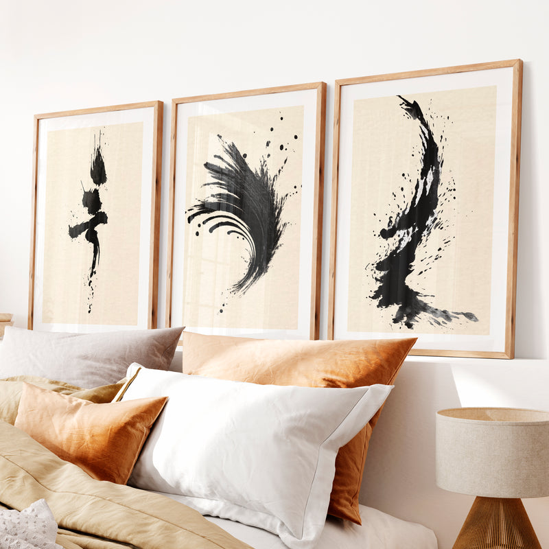 Expressive Ink Brush Wall Art for japandi style interior- Natural Wood Framed Poster with White Border - Artworksets