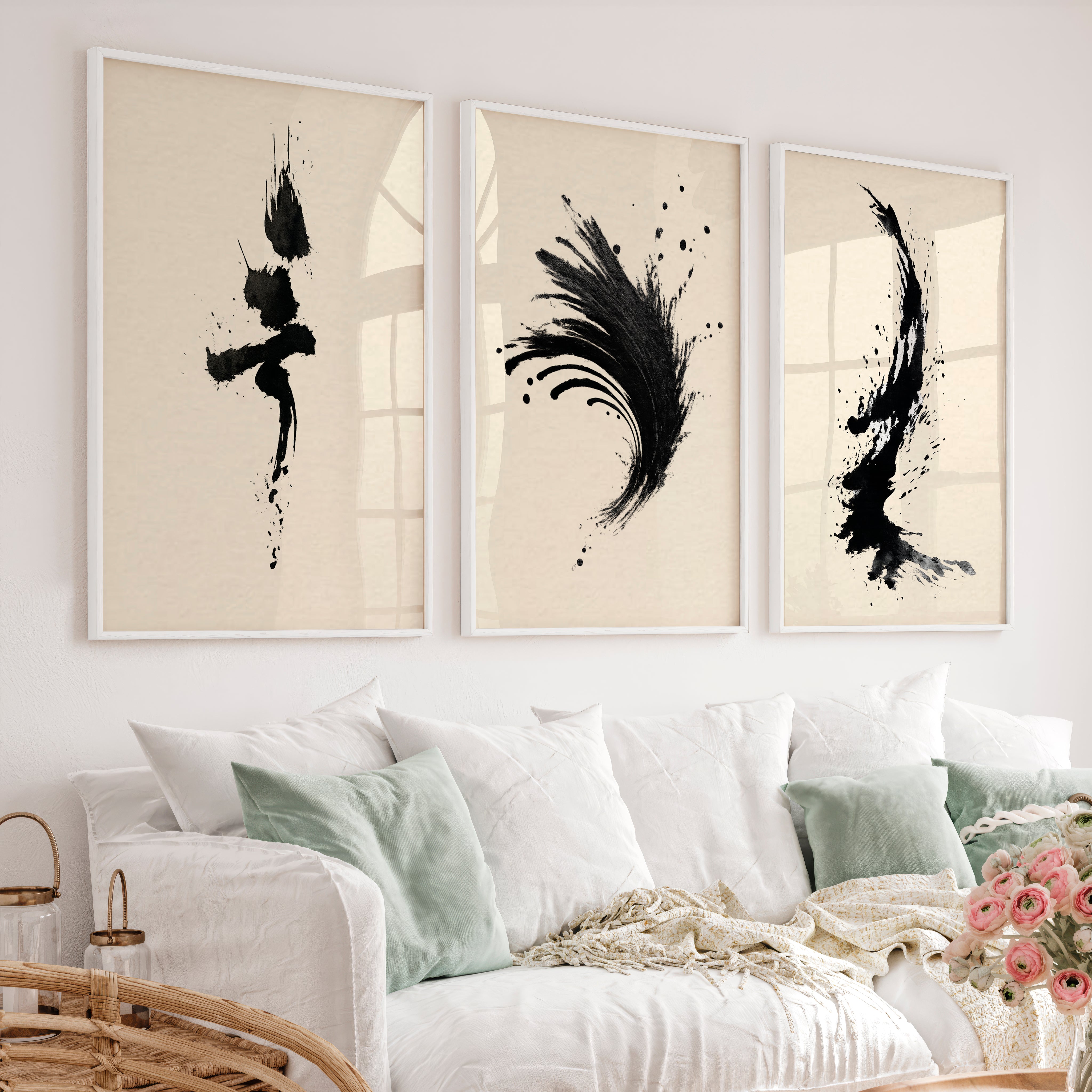 Expressive Ink Brush Wall Art for japandi style interior - White Framed Poster No Border - Artworksets