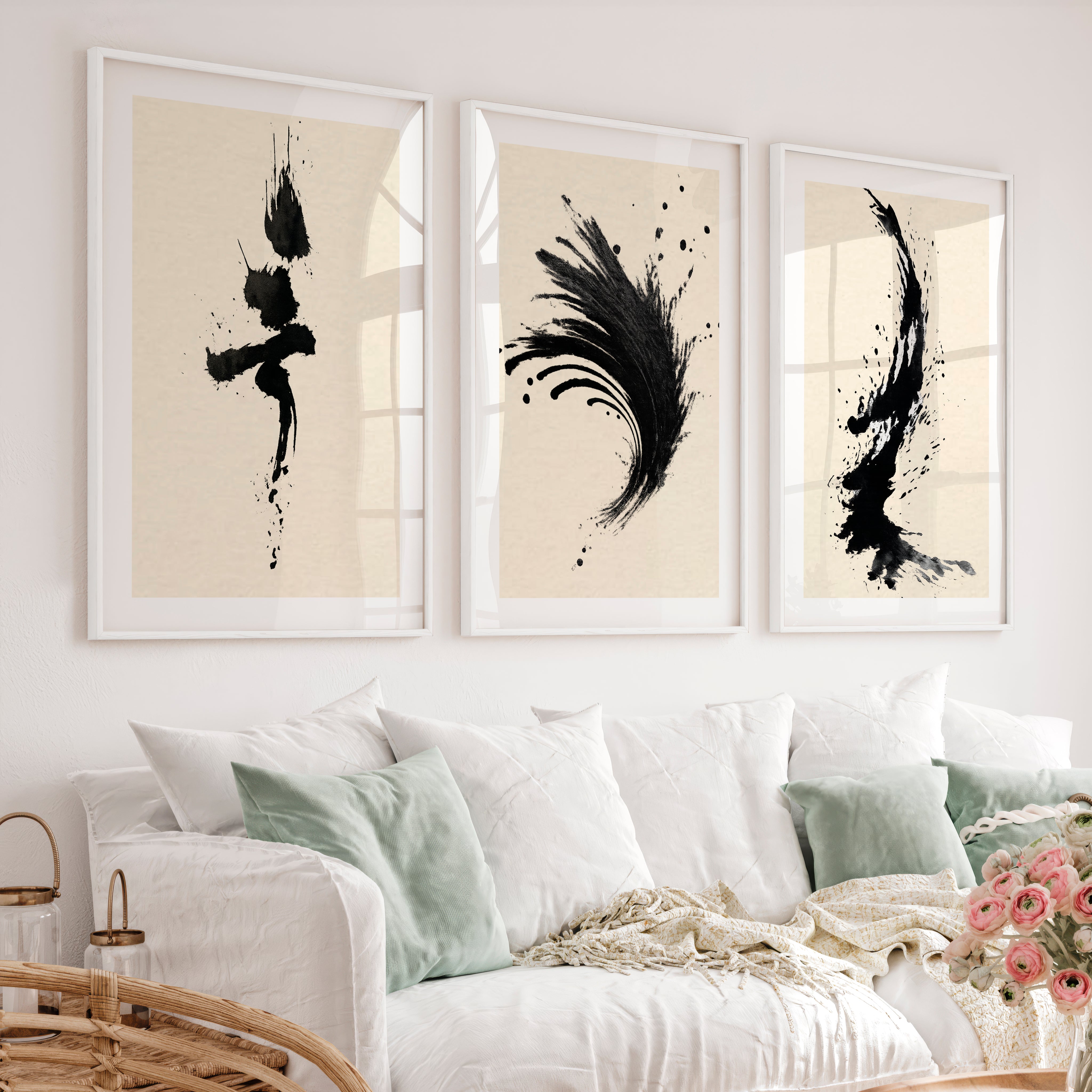 Expressive Ink Brush Wall Art for japandi style interior - White Framed Poster with White Border - Artworksets